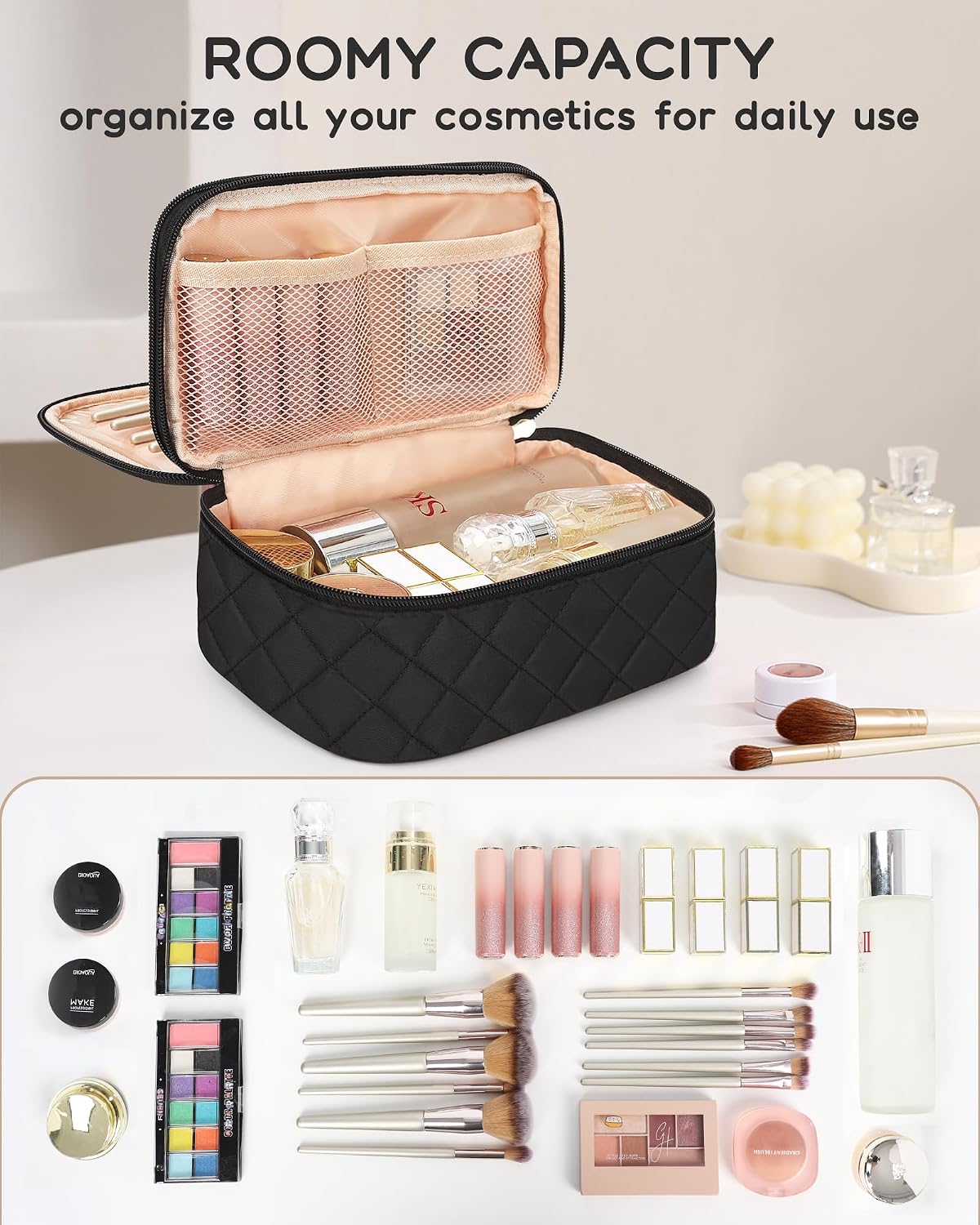 Relavel Small Travel Makeup Bag for Women, 2 Layer Makeup Organizer | Travel Cosmetic Bag with Separate Brush Compartment, Portable Make Up Storage with Handle for Short Trip, Gym - Image 4