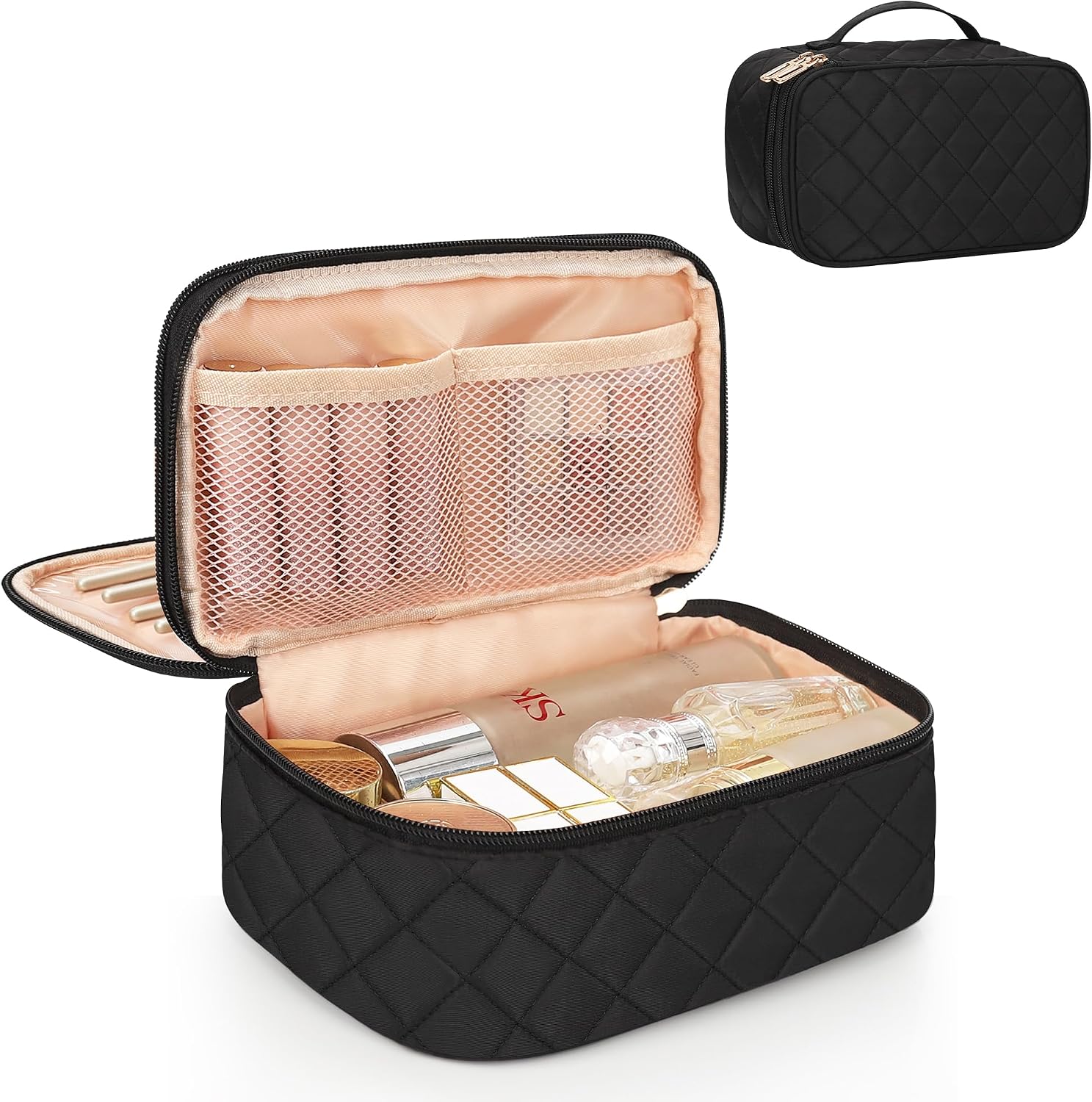 Relavel Small Travel Makeup Bag for Women, 2 Layer Makeup Organizer | Travel Cosmetic Bag with Separate Brush Compartment, Portable Make Up Storage with Handle for Short Trip, Gym
