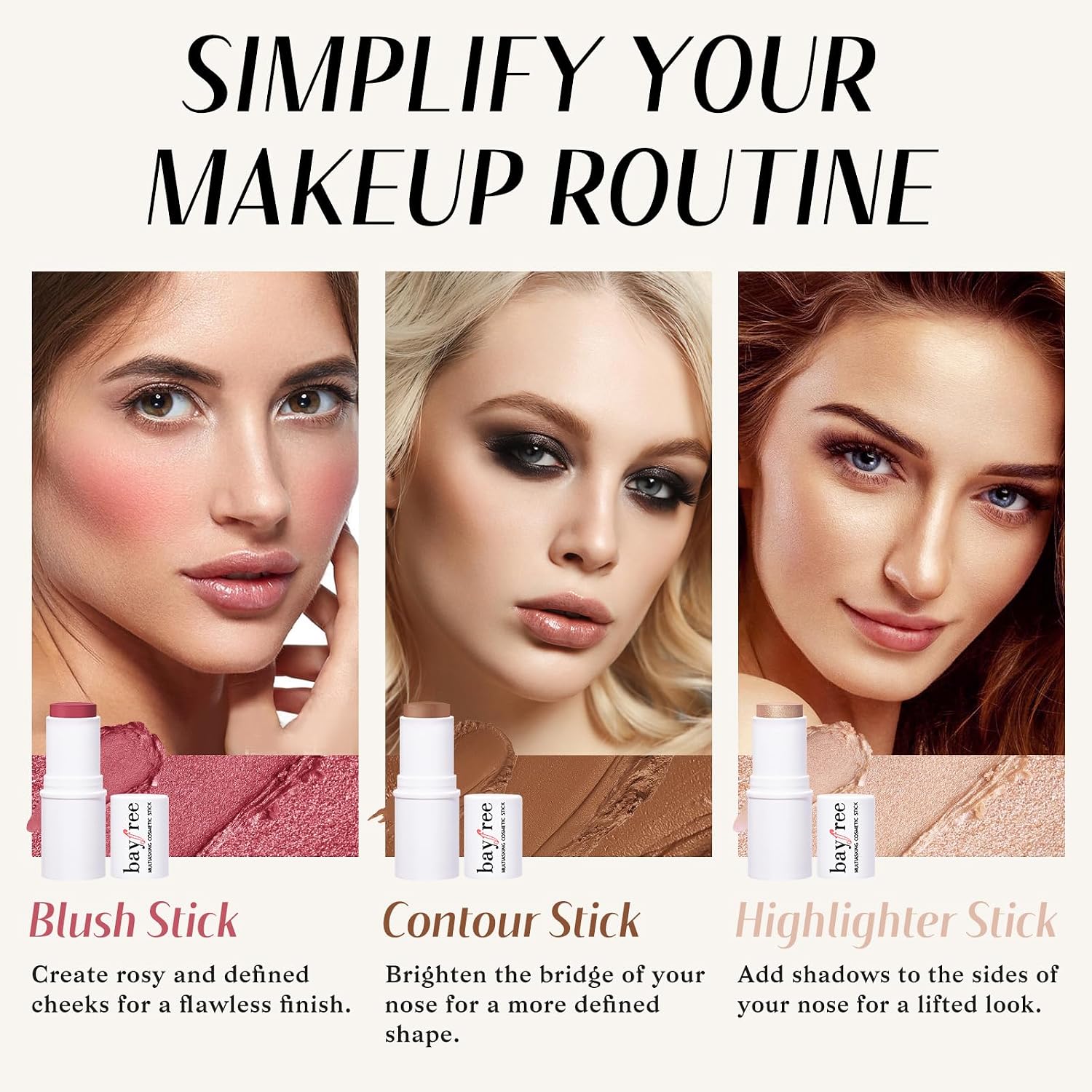 KIMUSE Face Sticks Trio, Blush, Highlighter & Contour Stick for Face Makeup | Long Lasting Sculpting Makeup for Cheeks, Blendable Cream Contour, Blush & Glow Highlighter Sticks, 3Pcs, with Brush - Image 2
