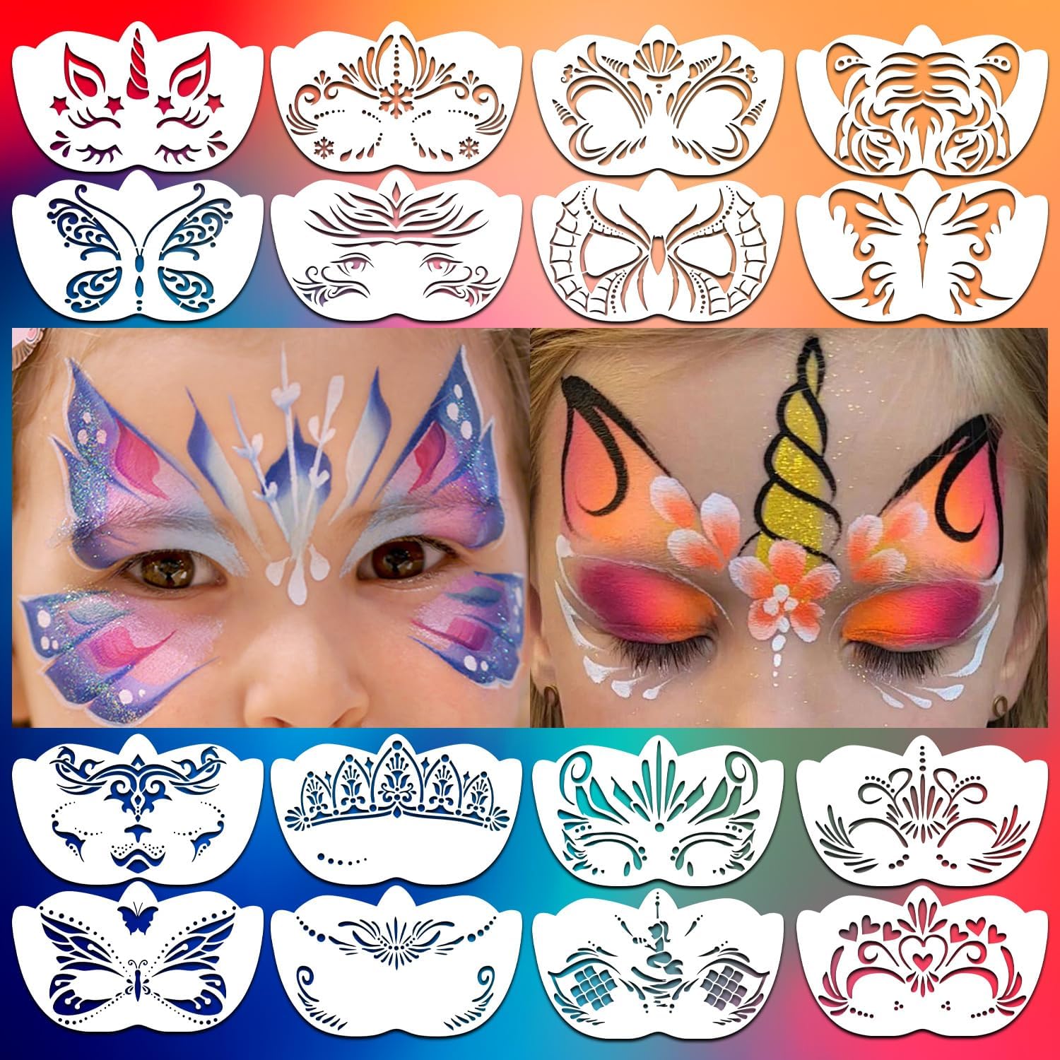 32 Pcs Reusable Face & Body Paint Stencils Kit, Face Tattoo Painting Templates for Kids Face Painting, Party Makeup, Holiday Tattoo Stencils, DIY Art Designs with Hollow-out Patterns (32Pcs-Mix1) - Image 3