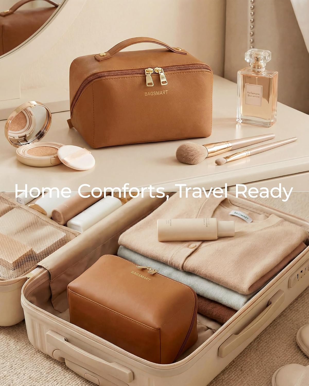 BAGSMART Makeup Bag Travel Cosmetic Bag,Women Toiletry Case, Classic Brown | Make Up Bag Flat Open Toiletry Bag for Women, PU Leather Travel Essentials Wide-open Skincare,Brushes Organizer Case Large - Image 8