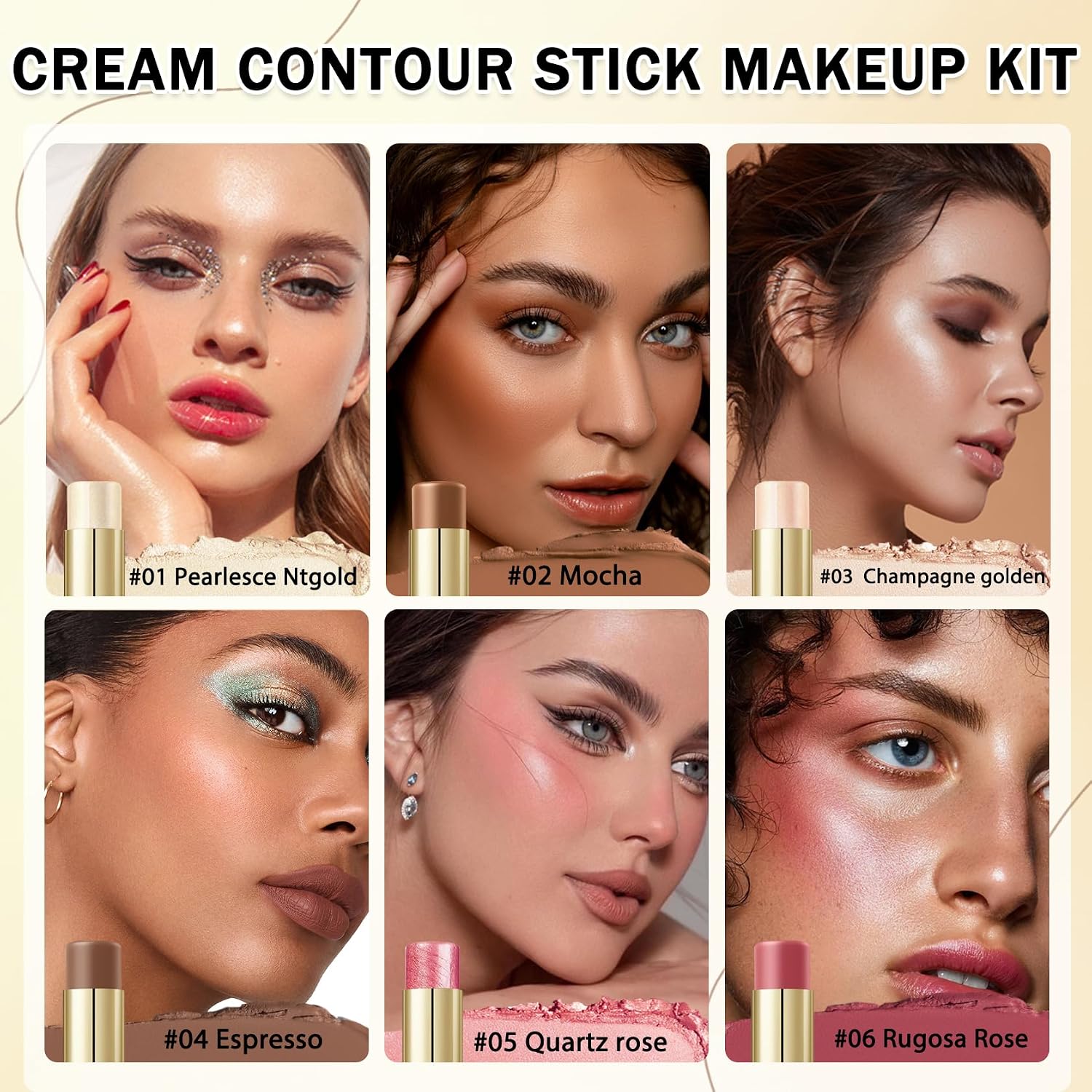 IONSGAKO 6 Colors Double-ended Cream Contour Stick Makeup Kit, Set B | Cream Highlighter Stick Bronzer and Blush Stick for Sculpt the Cheeks, Matte & Dewy Finish, Face Contour Kit for Beginners - Image 2