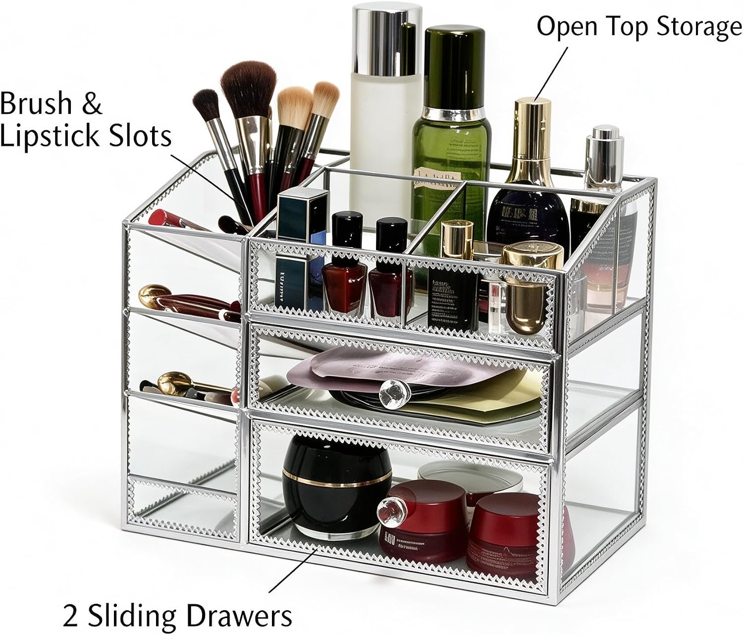 Glass Makeup Organizer with Drawers, Silver Mirror Glass Vanity Cosmetic Storage Case, 3-Tier Luxury Dressing Table Organizer for Skincare, Perfume, Brushes & Lipsticks - Image 2