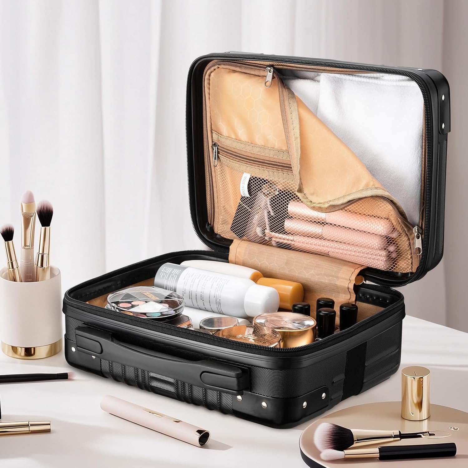 Noverlife 14in Portable Hard Shell Cosmetic Travel Case with Elastic Strap | Pressure-proof ABS Carrying Cosmetics Suitcase, Small Travel Hand Luggage with Elastic Band, Portable Makeup Travel Case - Image 6
