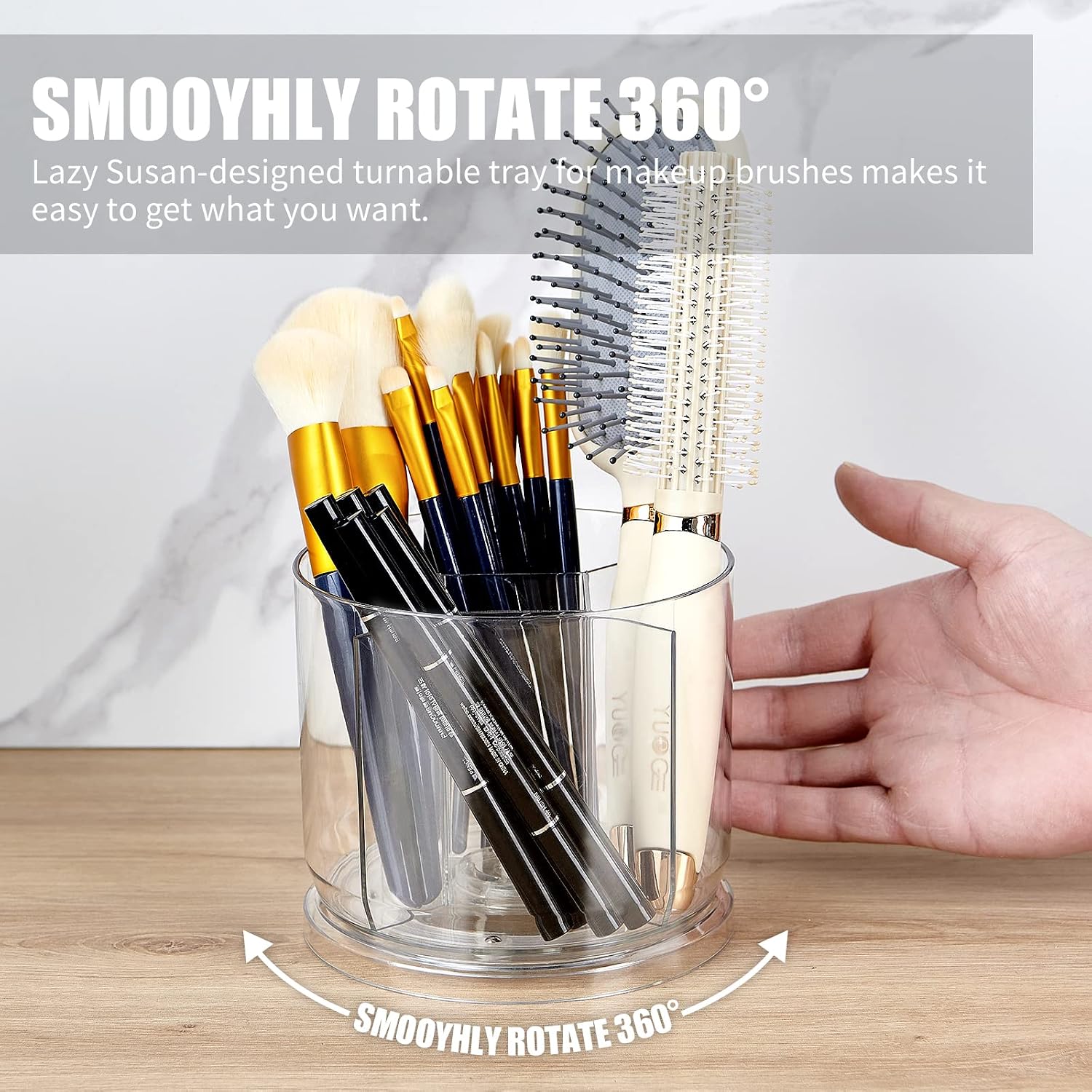 Makeup Brush Holder Organizer, Rotating Makeup Organizer for Vanity | Rotating 360° Clear Storage Cup Containers, Spinning Pen Holder for Desk, Round Make up Brush Stand with 5 Slots (Clear) - Image 2