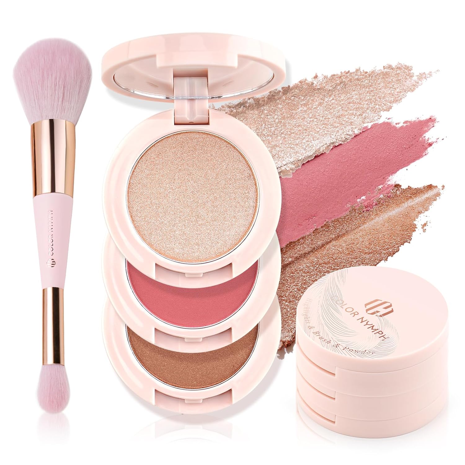 Color Nymph Blush and Highlighter Palette, 3 in 1 Contour Palette | Stackable Travel Makeup Kit, Long-Lasting, Lightweight & Buildable Powder for Natural Radiant Finish, Includes Brush & Mirror
