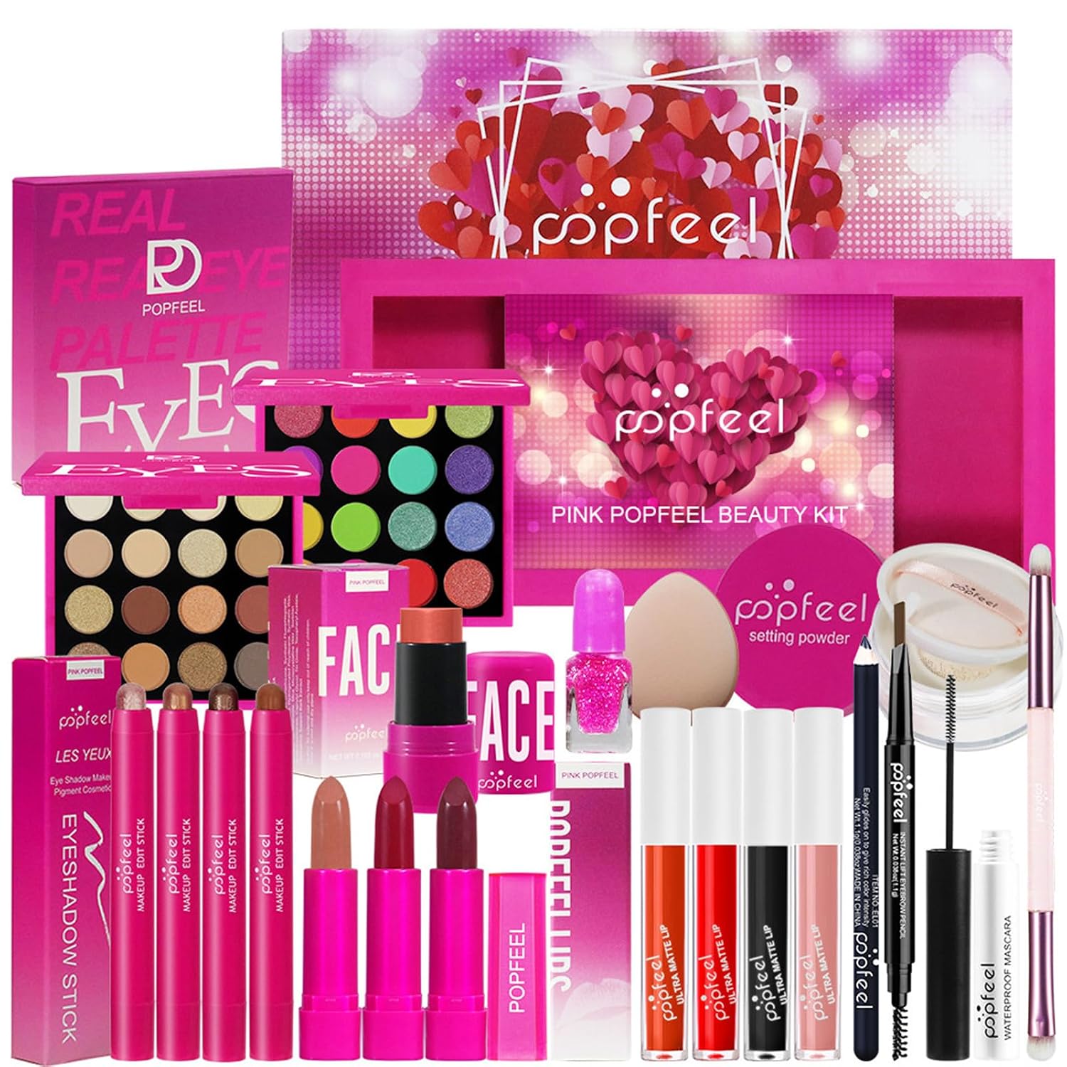 Hot Pink All in One Makeup Kit for Women Full Kit, Mother's Day Makeup Gifts Set for Women Girls, Hot Pink Makeup Essential Bundle Include Eyeshadow Palette Lipstick Blush Foundation Concealer