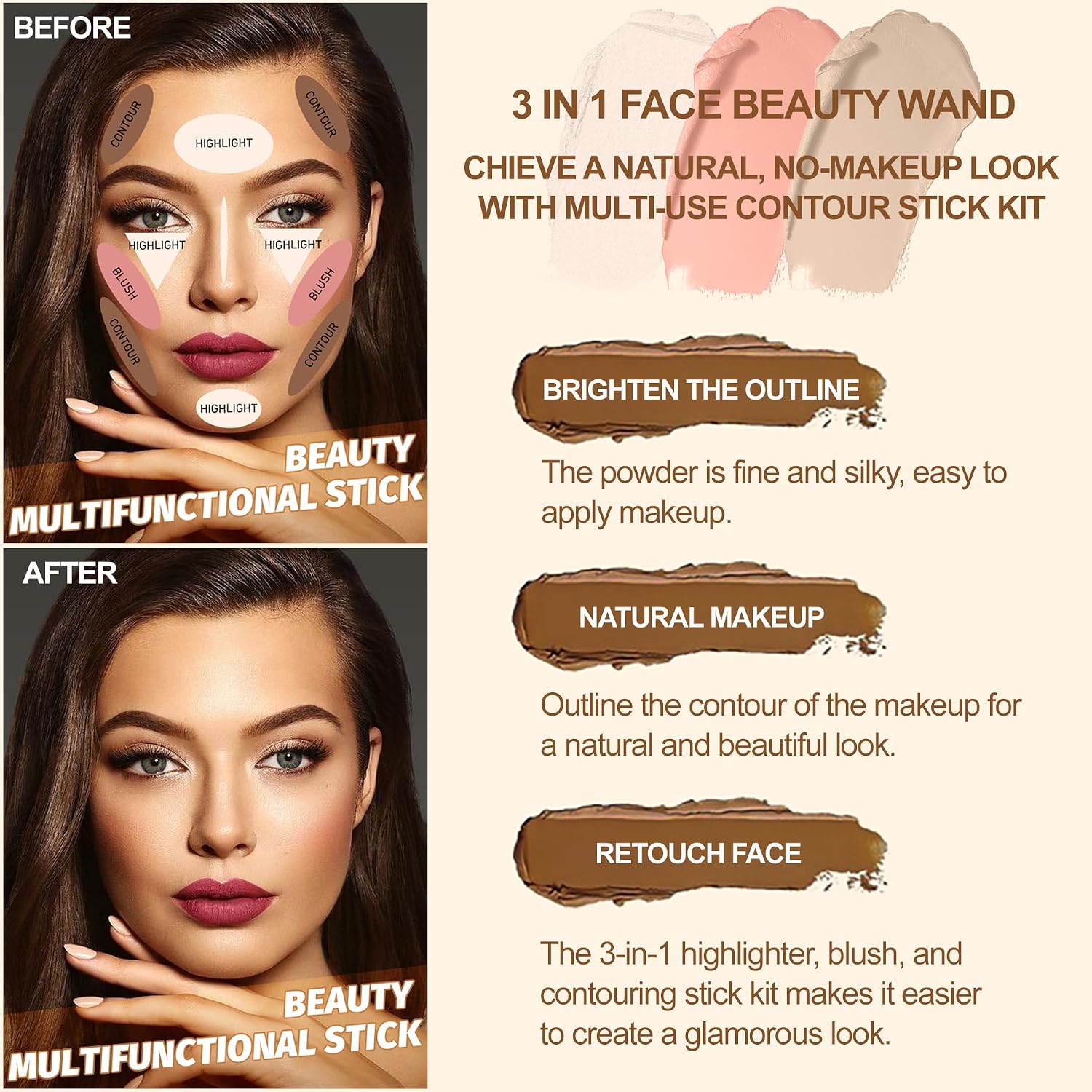 3Pcs Contour Stick Kit, Shades with Highlighter Blush Bronzer, #1 FAIR | Sculpt the Cheeks, Longwear Smooth Non-greasy Formula for All Skin Type, Dewy & Matte Finish - Image 3