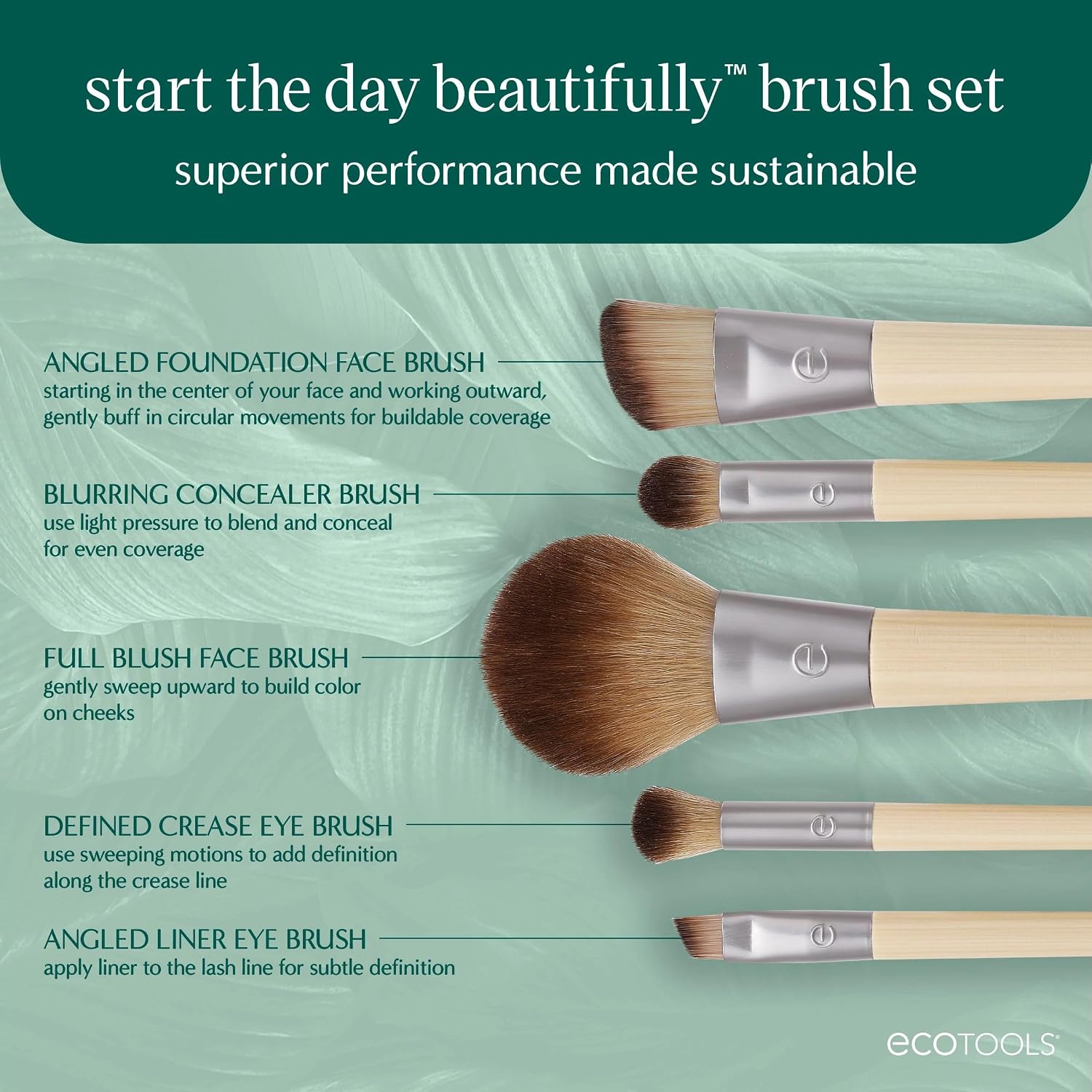 EcoTools 6 Piece Start the Day Beautifully Makeup Brush Set | Natural face and eye look, makeup brush kit for liquid cream or powder, bamboo makeup brushes, storage tin - Image 2