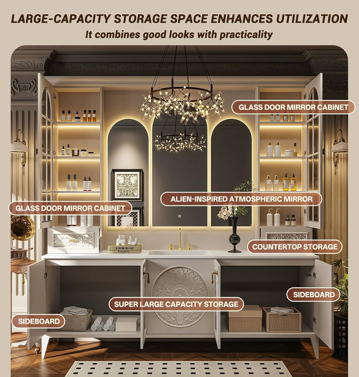 80" Freestanding Bathroom Vanities, Solid Wood Vanities Set with Sink, Anti-Fog Mirror and Storage Side Cabinet, Luxury Bathroom Cabinet with Spacious Countertop and Large Storage Space (Green) - Image 4