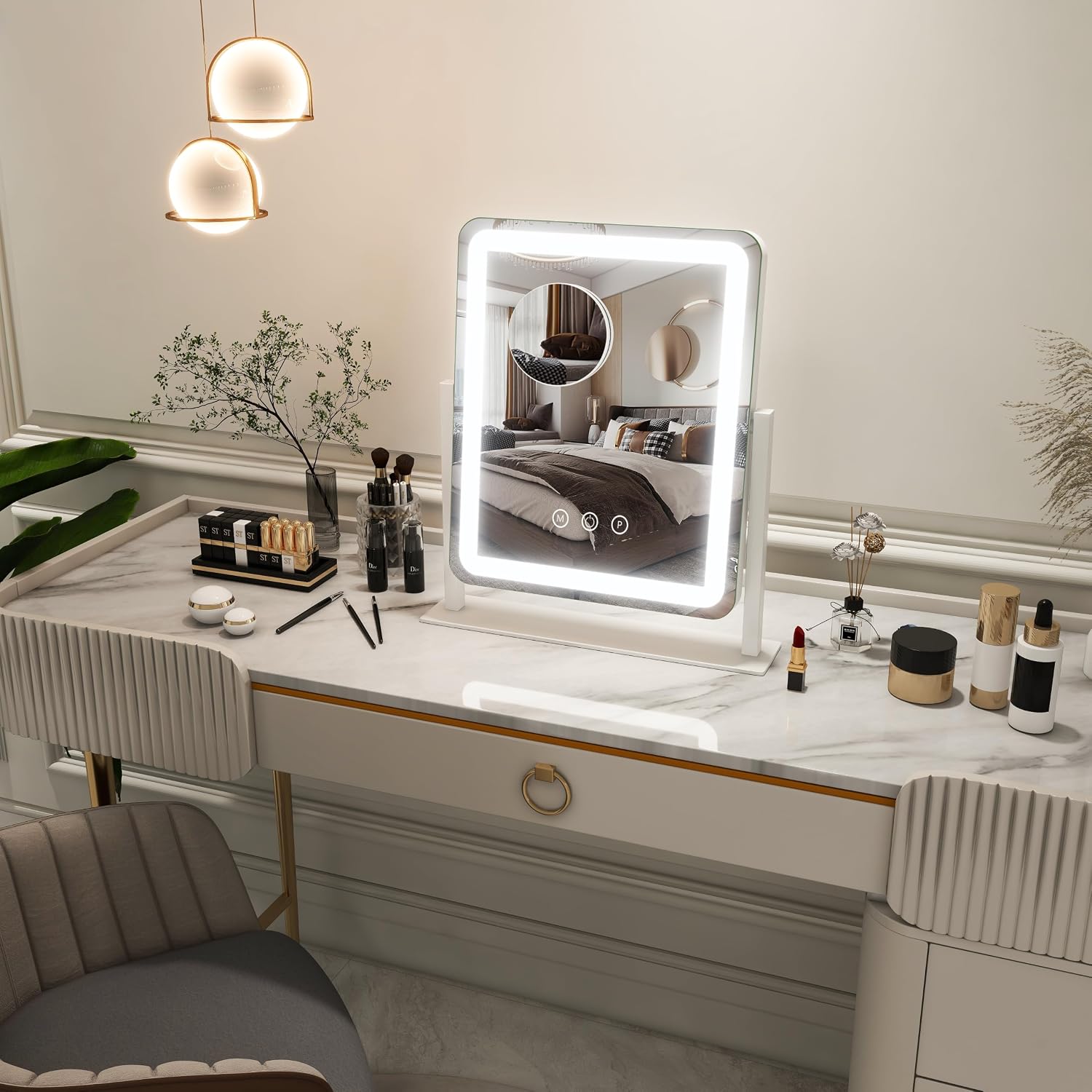 FENNIO Vanity Mirror with Lights - 15"x12.6" LED Lighted Makeup Mirror, Large Makeup Mirror with Lights, Touch Screen with 3-Color Lighting, Dimmable, for Vanity Desk Tabletop, Bedroom - Image 6