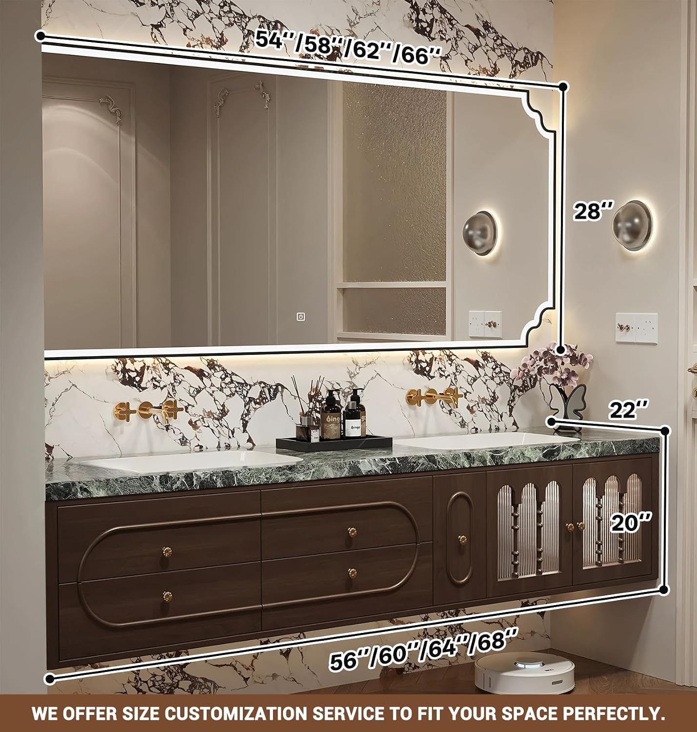 Luxury Bathroom Vanities, Modern Bath Vanity with Double Sink, LED Smart Anti-Fog Mirror and Luxurious Stone Top, Floating Bathroom Sink Cabinet with Drawers and Glass Cabinet Door (Brown,68") - Image 2