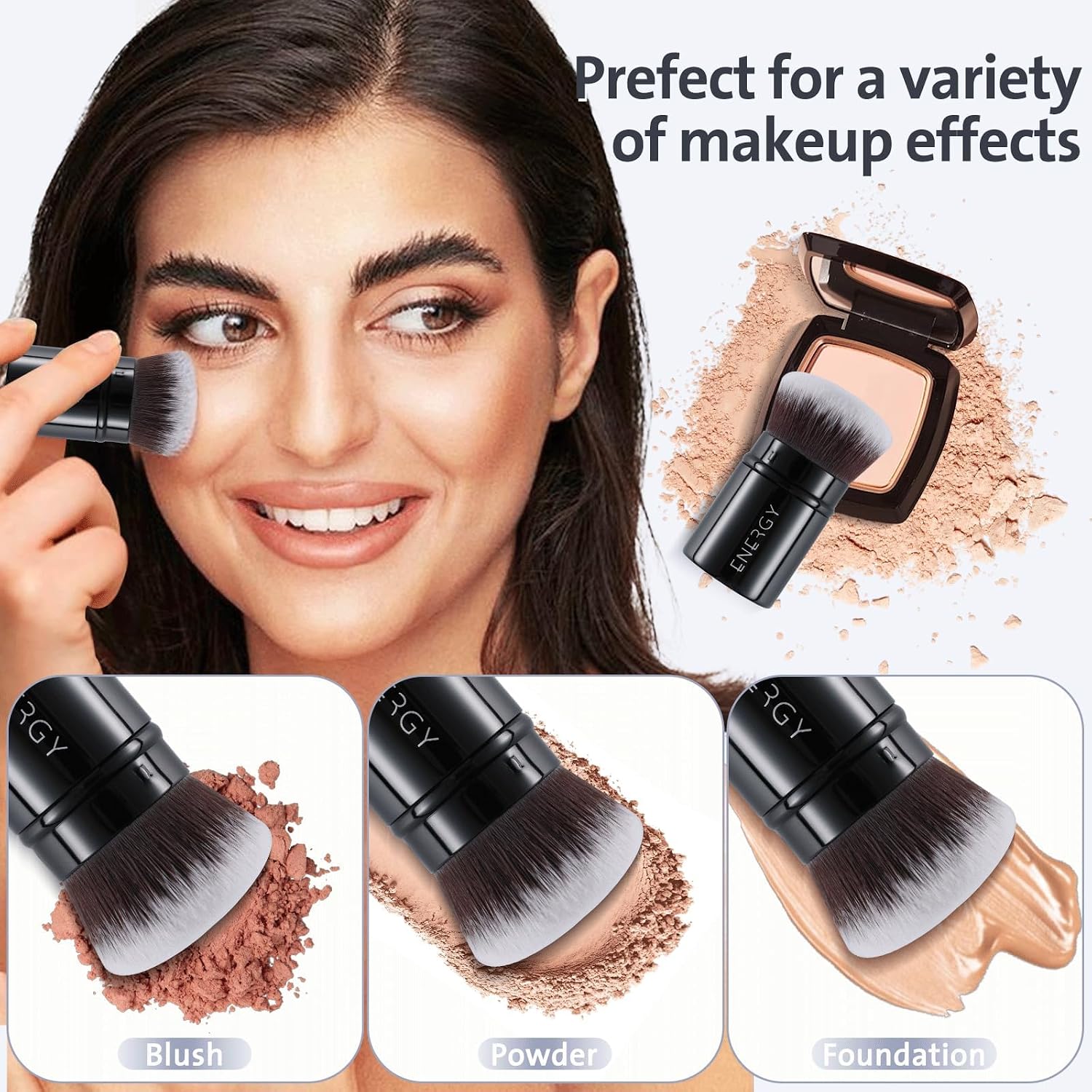 ENERGY Kabuki Brush Retractable - Makeup Kabuki Foundation Brush Travel for Liquid, Blush, Loose Powder & Cream Bronzer Blending, Buffing Cruelty-Free Face Makeup Brushes with Cover Mini (Black) - Image 6