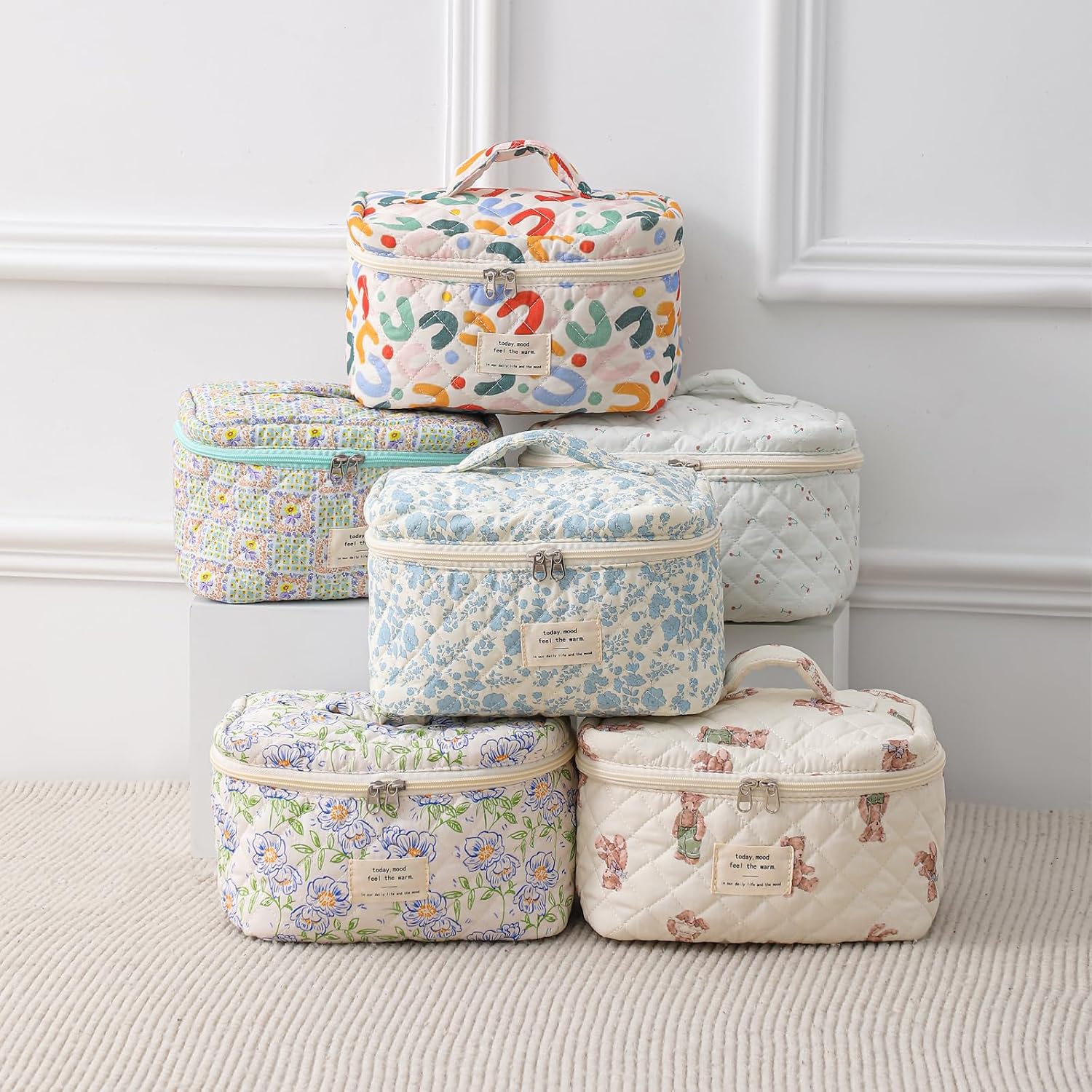uekeboag Large Travel Quilted Makeup Bag for Women | Soft Floral Cotton Cosmetic Bag, Foldable Coquette Aesthetic Toiletry Organizer - Image 4