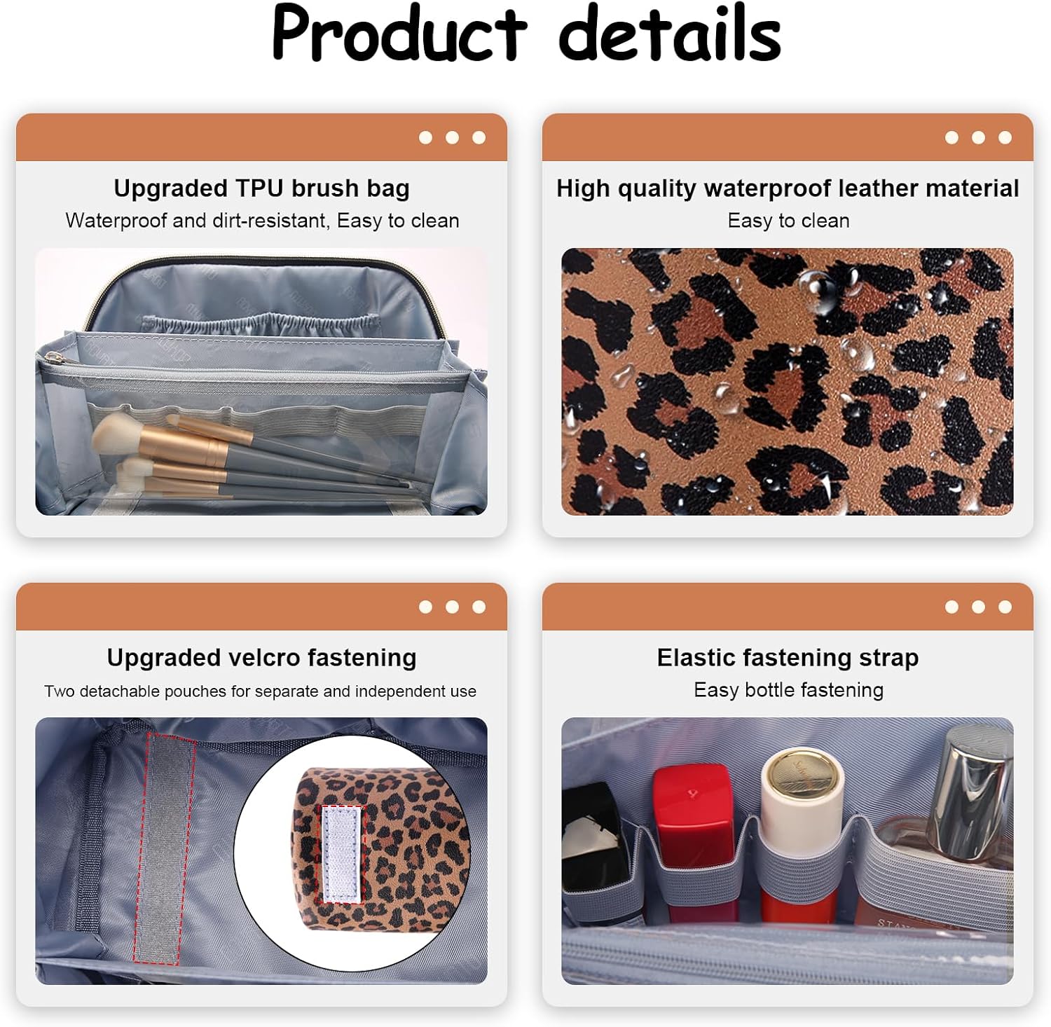 BOYATU Travel Makeup Bag Organizer: 3 Pcs Set Leopard Make up Bag for Women | Vegan Leather Cosmetic Bags with Compartments - Waterproof Toiletry Bag - 180° Open-Flat Make up Case for 3-15 Day Trips - Image 7