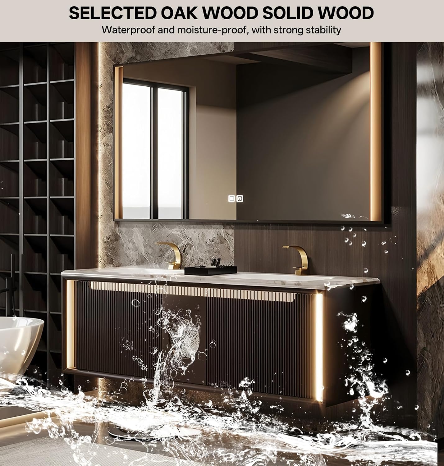 Bathroom Vanity with Dual Sinks, Floating Vanities Set Includes Smart Defog Mirror Cabinet, Luxurious Stone Countertop and Striped Sink Cabinet, Modern Vanity with Sensor Light for Bath (Black,56") - Image 5