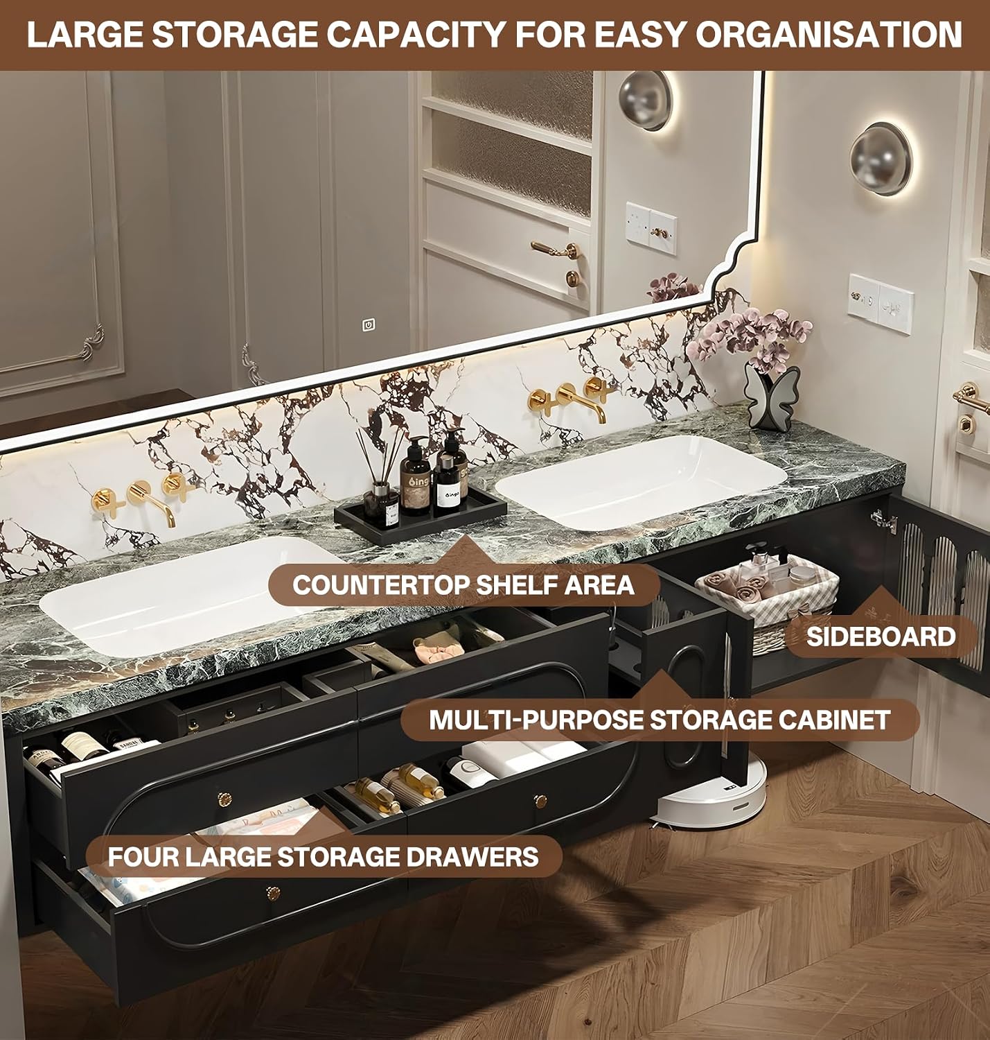 Luxury Bathroom Vanities, Modern Bath Vanity with Double Sink, LED Smart Anti-Fog Mirror and Luxurious Stone Top, Floating Bathroom Sink Cabinet with Drawers and Glass Cabinet Door (Brown,68") - Image 3