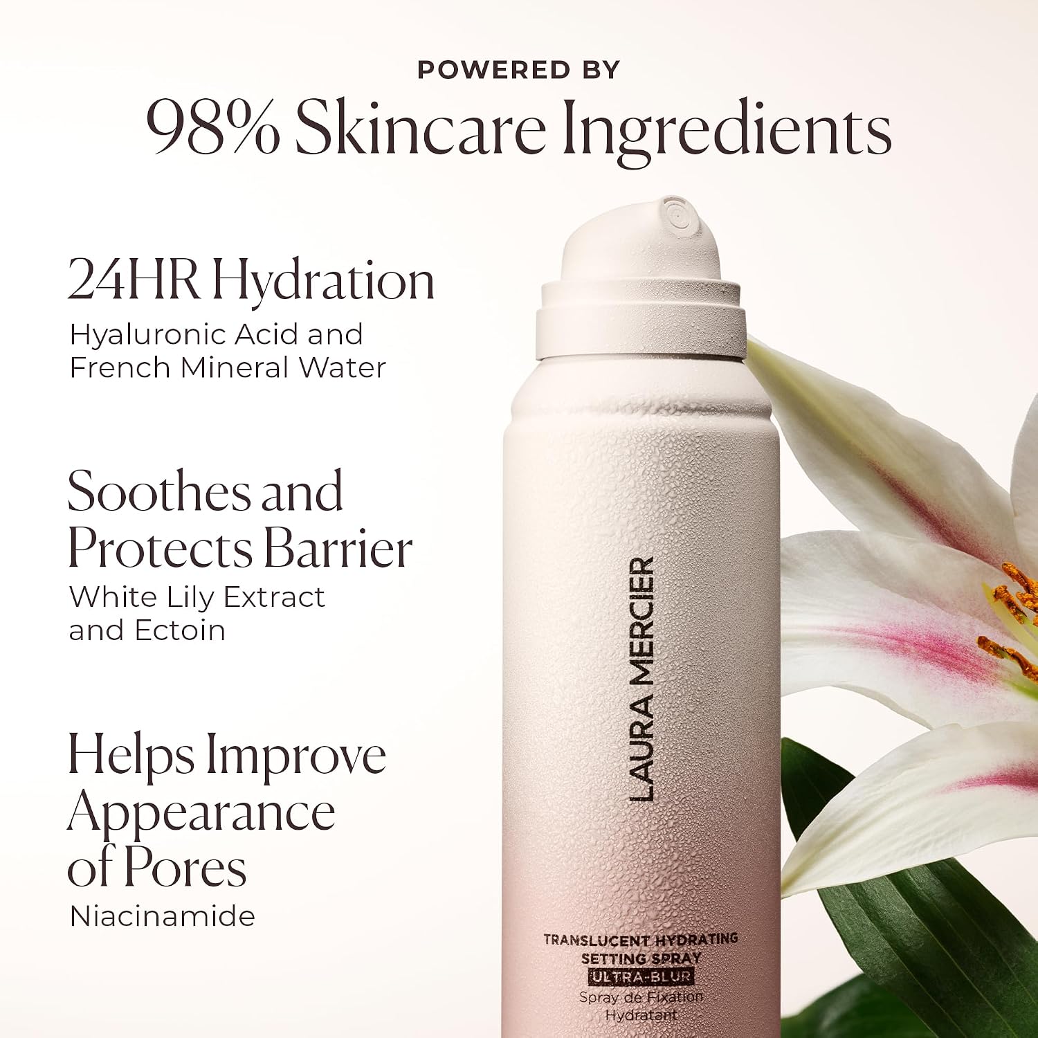 Laura Mercier Translucent Hydrating Setting Spray Ultra-Blur, Micro-Fine Blurring Face Mist, 24HR Shine Control, Natural Finish, Smudge & Transfer-Proof, Infused with Hyaluronic Acid + Niacinamide - Image 3