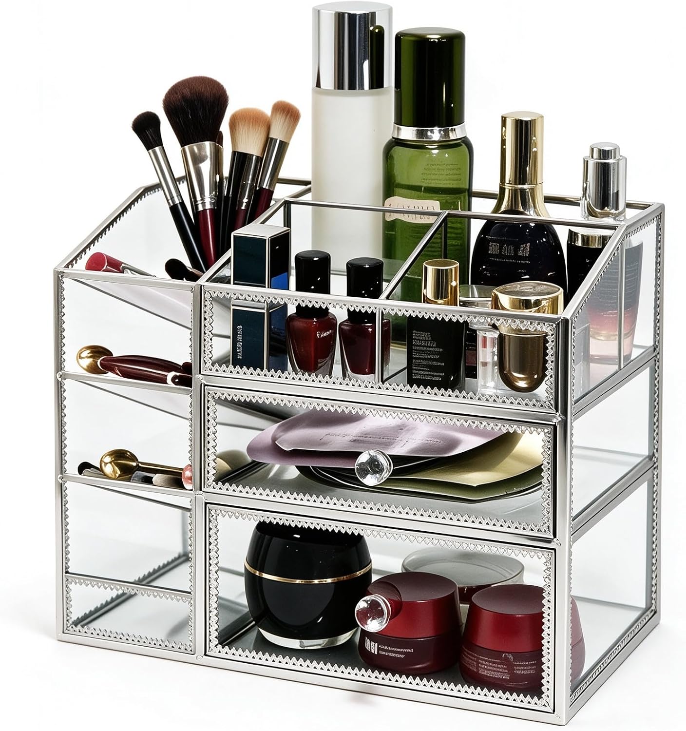 Glass Makeup Organizer with Drawers, Silver Mirror Glass Vanity Cosmetic Storage Case, 3-Tier Luxury Dressing Table Organizer for Skincare, Perfume, Brushes & Lipsticks