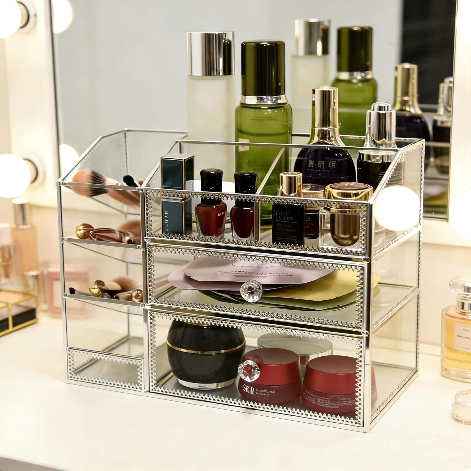 Glass Makeup Organizer with Drawers, Silver Mirror Glass Vanity Cosmetic Storage Case, 3-Tier Luxury Dressing Table Organizer for Skincare, Perfume, Brushes & Lipsticks - Image 7