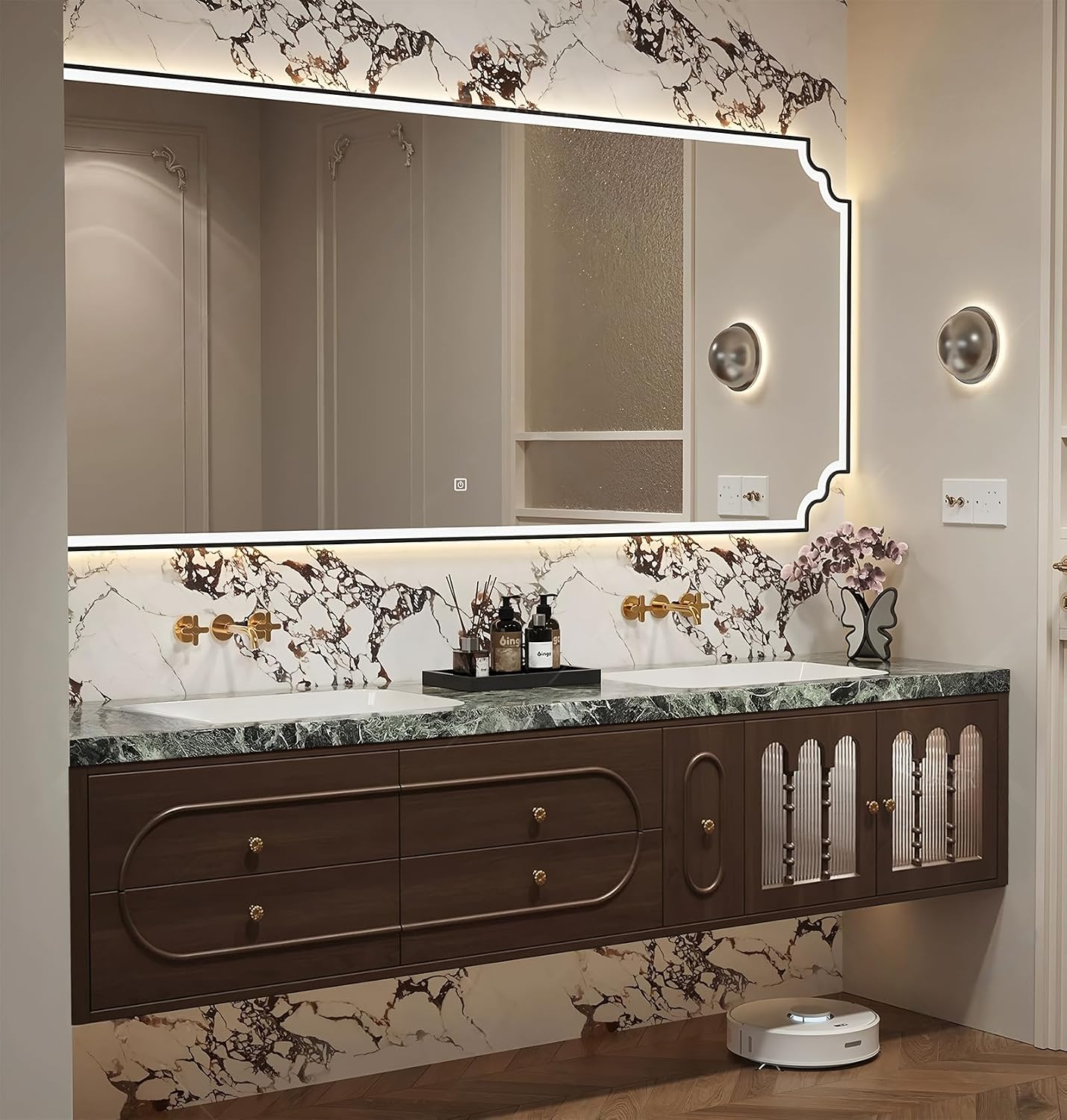 Luxury Bathroom Vanities, Modern Bath Vanity with Double Sink, LED Smart Anti-Fog Mirror and Luxurious Stone Top, Floating Bathroom Sink Cabinet with Drawers and Glass Cabinet Door (Brown,68")