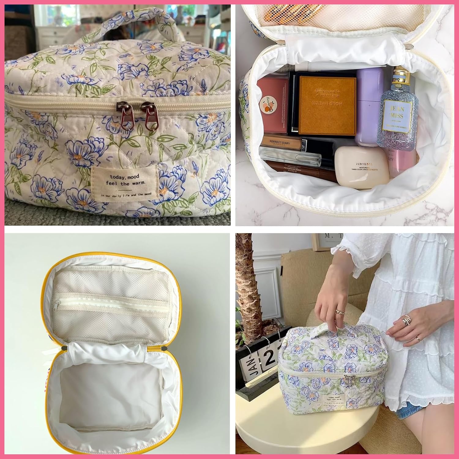 uekeboag Large Travel Quilted Makeup Bag for Women | Soft Floral Cotton Cosmetic Bag, Foldable Coquette Aesthetic Toiletry Organizer - Image 3
