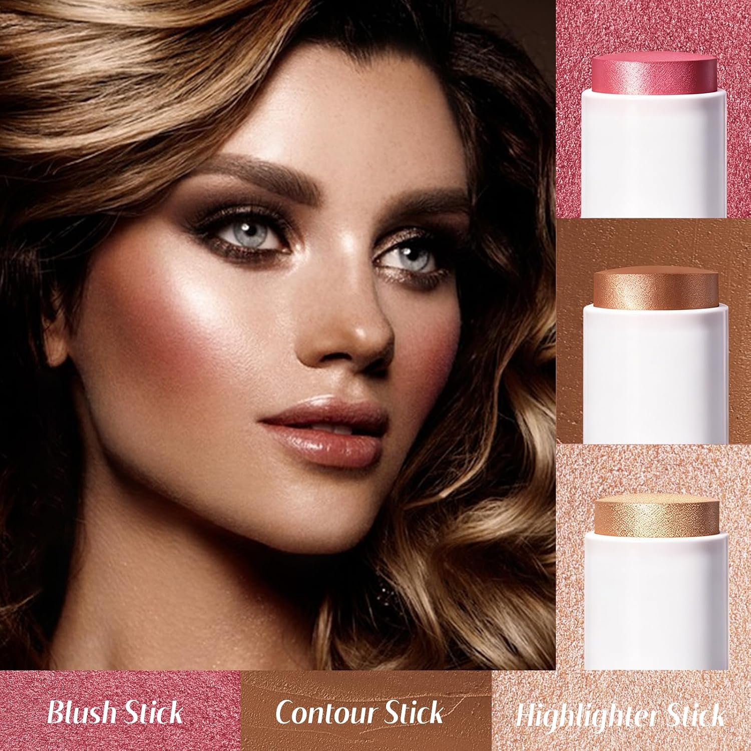 KIMUSE Face Sticks Trio, Blush, Highlighter & Contour Stick for Face Makeup | Long Lasting Sculpting Makeup for Cheeks, Blendable Cream Contour, Blush & Glow Highlighter Sticks, 3Pcs, with Brush - Image 6