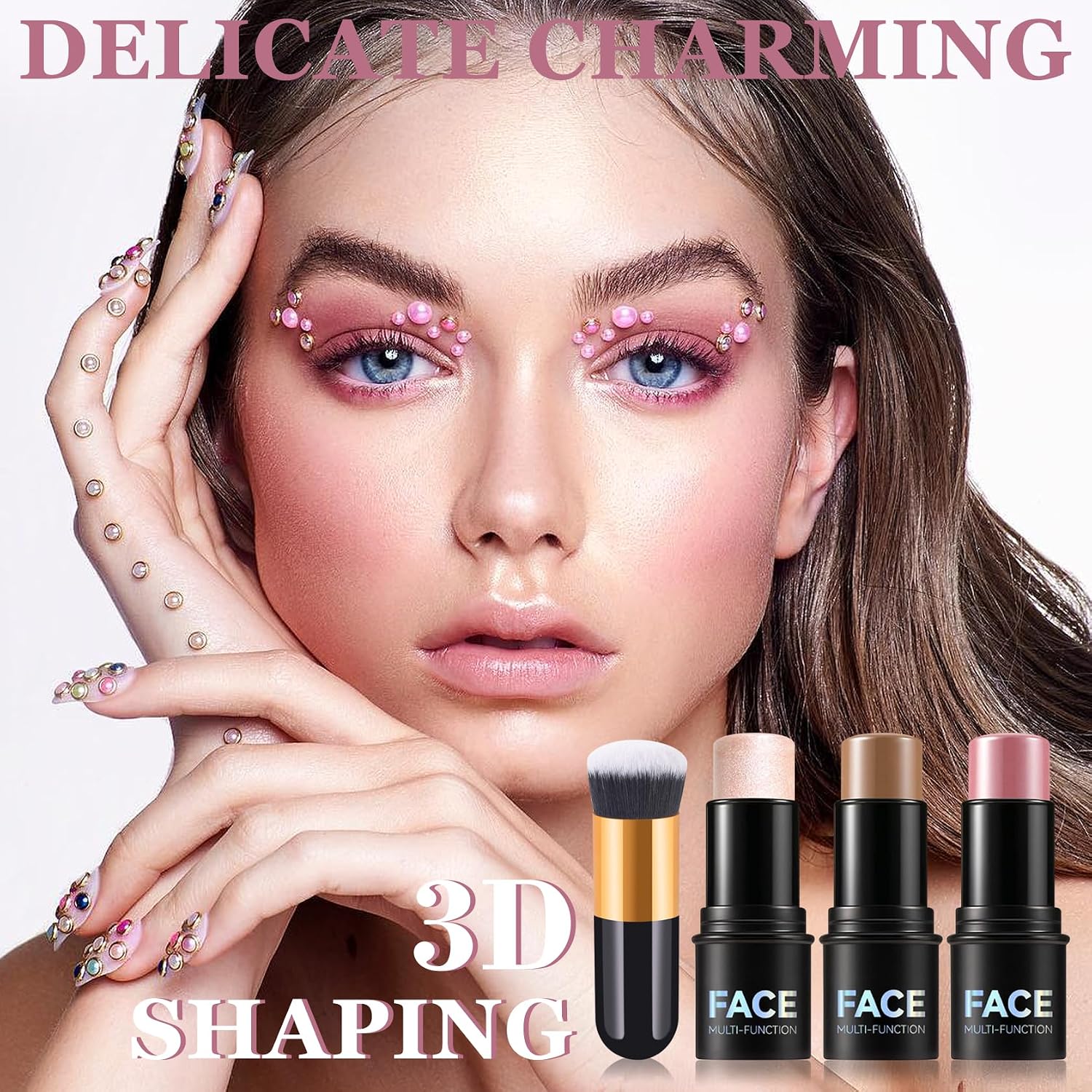 3Pcs Cream Contour Stick Makeup Kit with Makeup Brush,Shades with Highlighter,Brush Stick,Cream Bronzer for Sculpt the Cheeks,Long-lasting Waterproof Lightweight Contour Set - Image 2