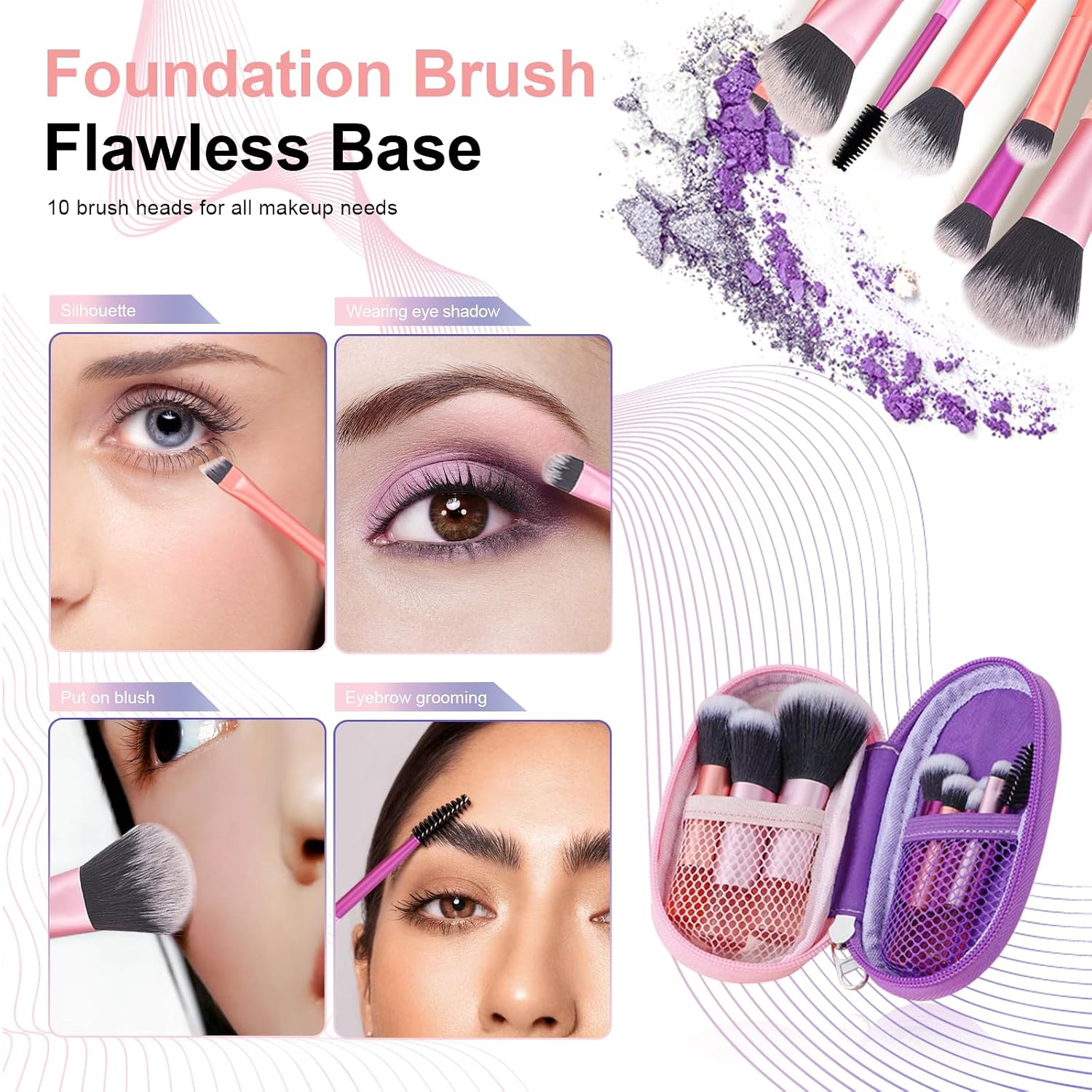 Portable 10Pcs Mini Travel Makeup Brush Set with Pouch, Full Face Soft Synthetic Bristles for Foundation Eyeshadow Blush Contour, Compact Cosmetic Brushes Essentials for Women Girls On The Go - Image 3