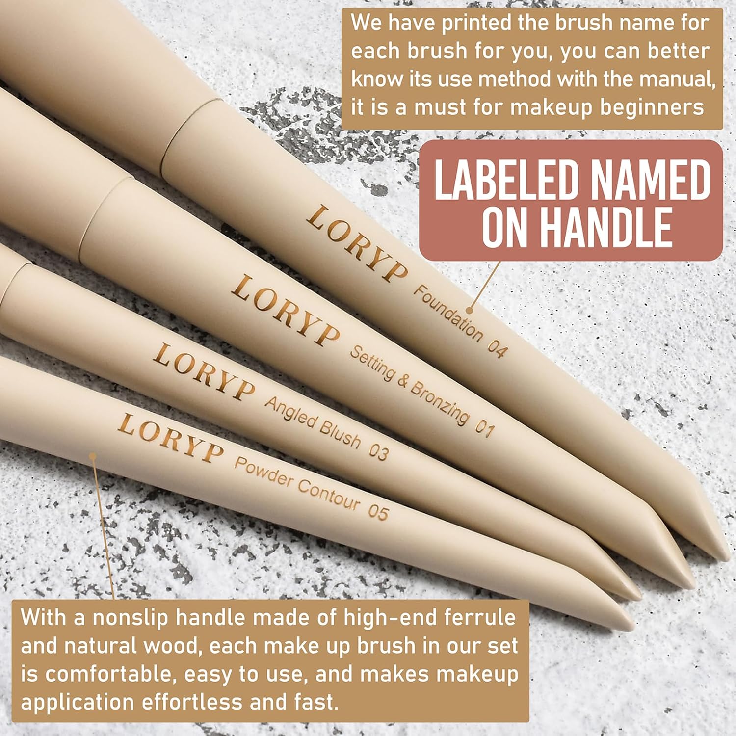 LORYP Makeup Brushes Set Labeled 18 Piece Face and Eye Brush Set Ultra soft hair Foundation, Concealer, Blush, Contour, Blending, Eyeshadow Khaki Brush kit - Image 5