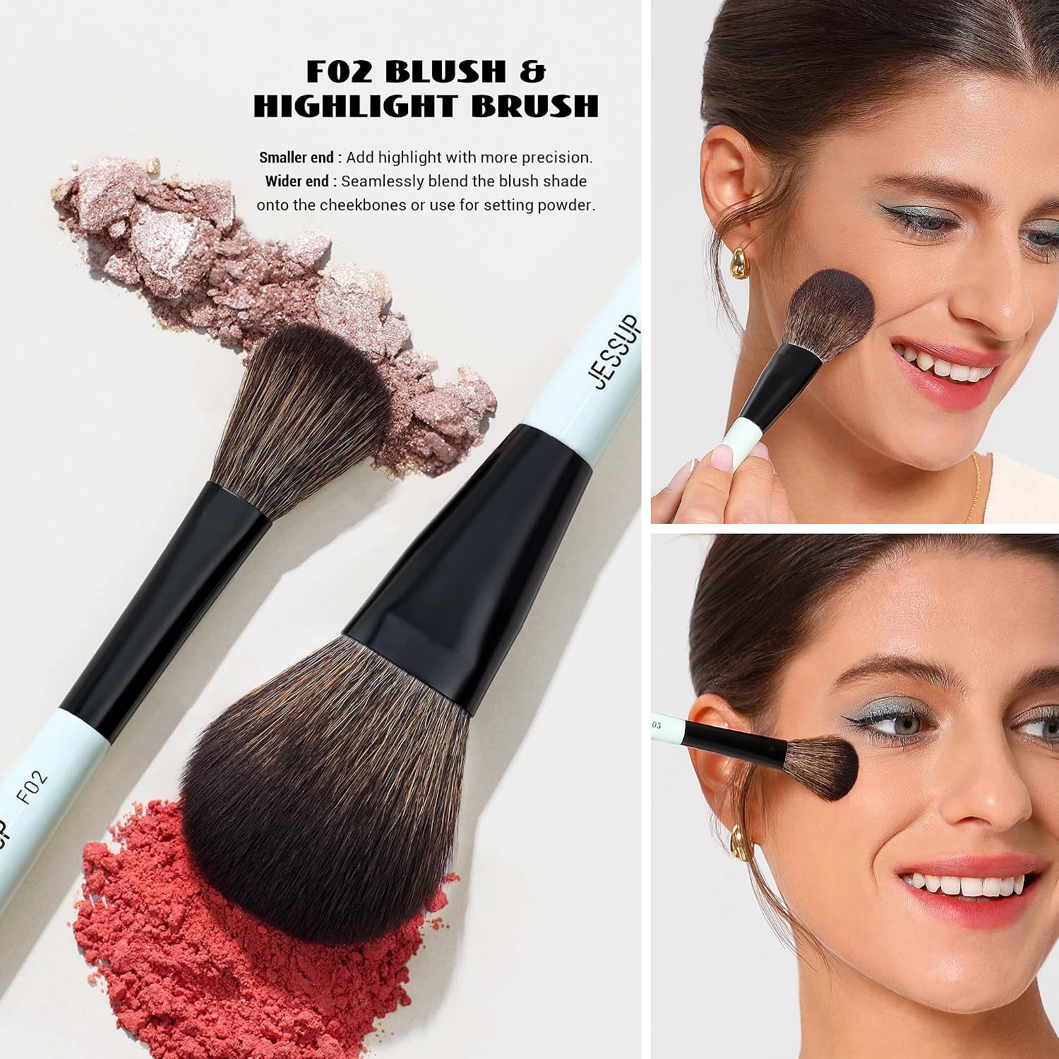 Jessup Face Makeup Brushes Blue 3pcs Double Ended Makeup Brush for Foundation Contour Blush Highlight and Concealer Brush, Premium Synthetic Brush Set T503 - Image 4