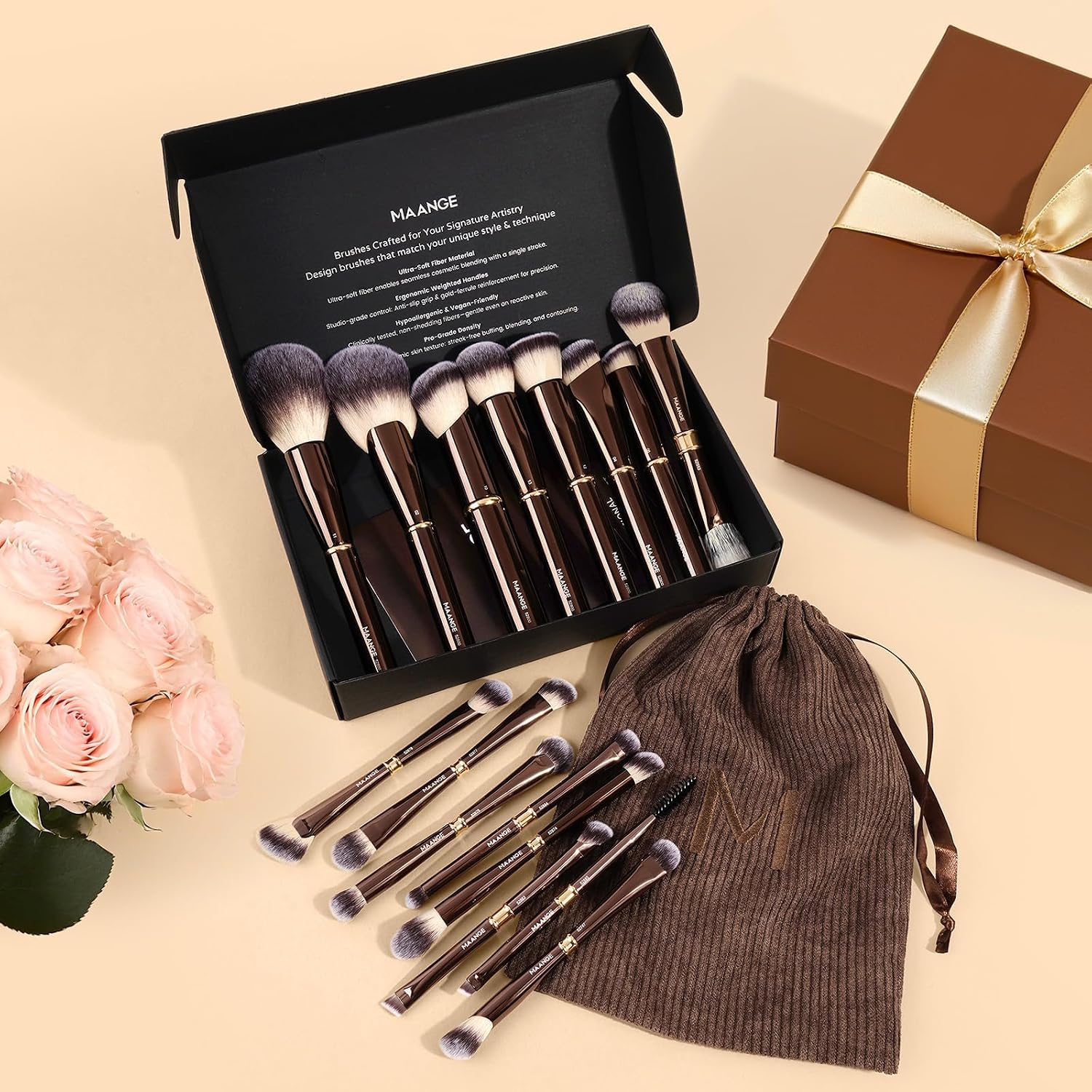 MAANGE Makeup Brushes 16Pcs Professional Foundation Powder Blush Contour Eyeshadows Double-End Makeup Brushes Set with Bag and Gift Box-CoffeeBrown - Image 3