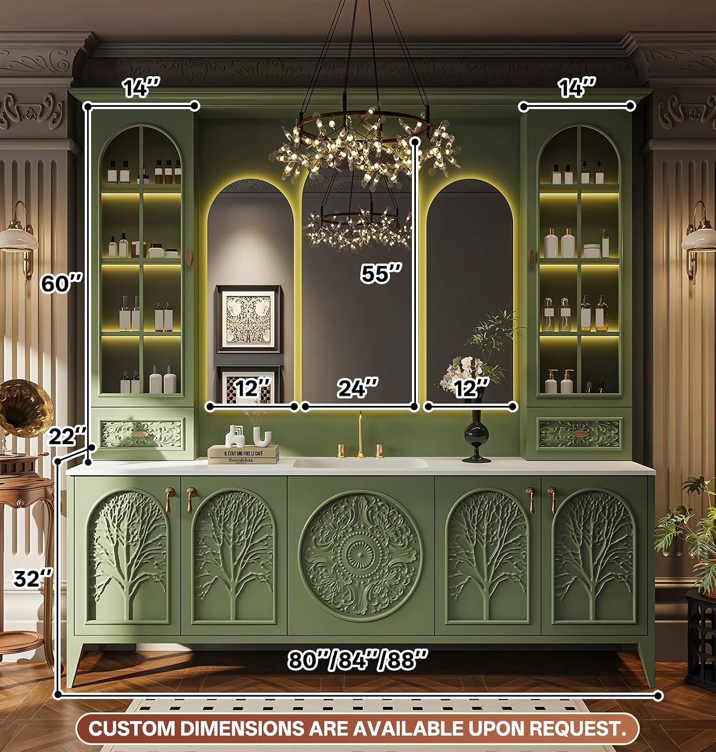 80" Freestanding Bathroom Vanities, Solid Wood Vanities Set with Sink, Anti-Fog Mirror and Storage Side Cabinet, Luxury Bathroom Cabinet with Spacious Countertop and Large Storage Space (Green) - Image 2