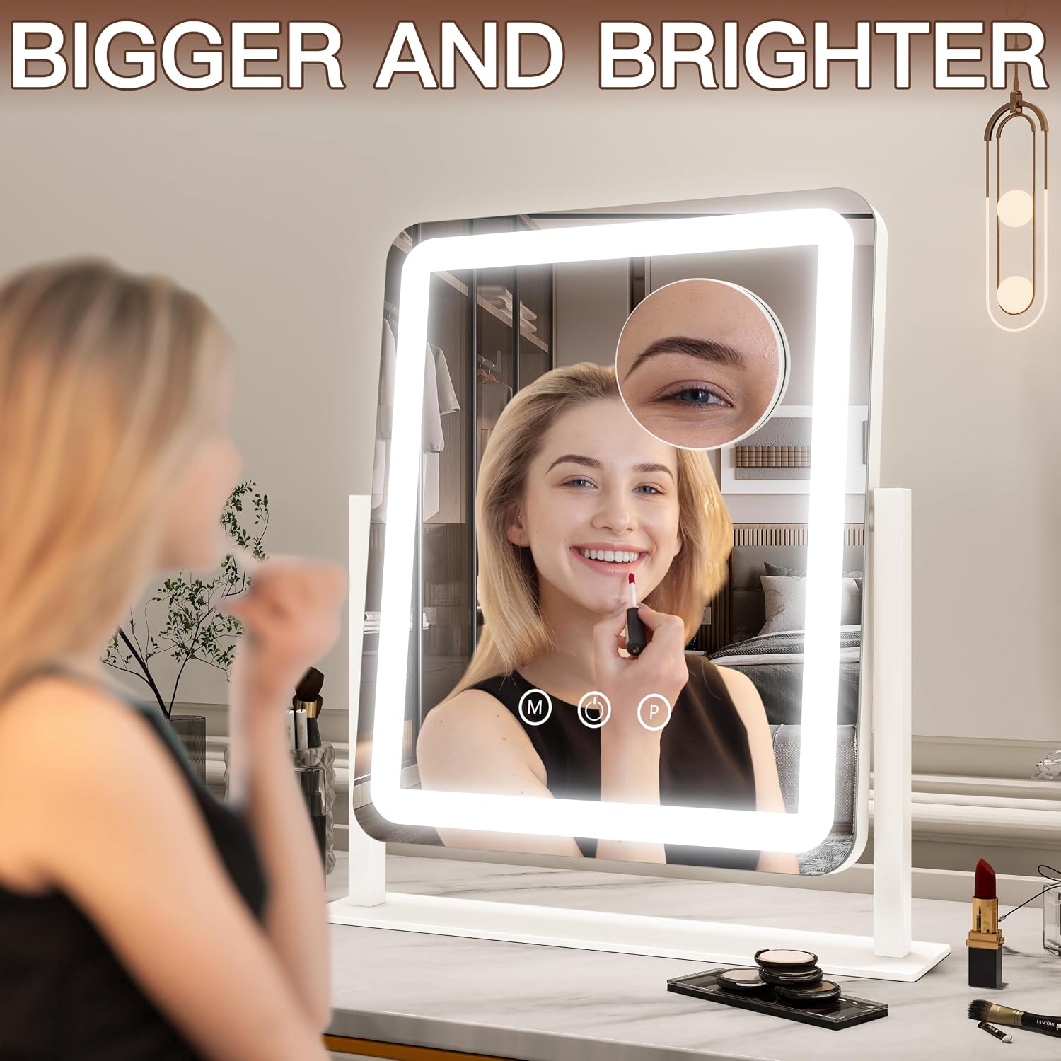 FENNIO Vanity Mirror with Lights - 15"x12.6" LED Lighted Makeup Mirror, Large Makeup Mirror with Lights, Touch Screen with 3-Color Lighting, Dimmable, for Vanity Desk Tabletop, Bedroom - Image 4