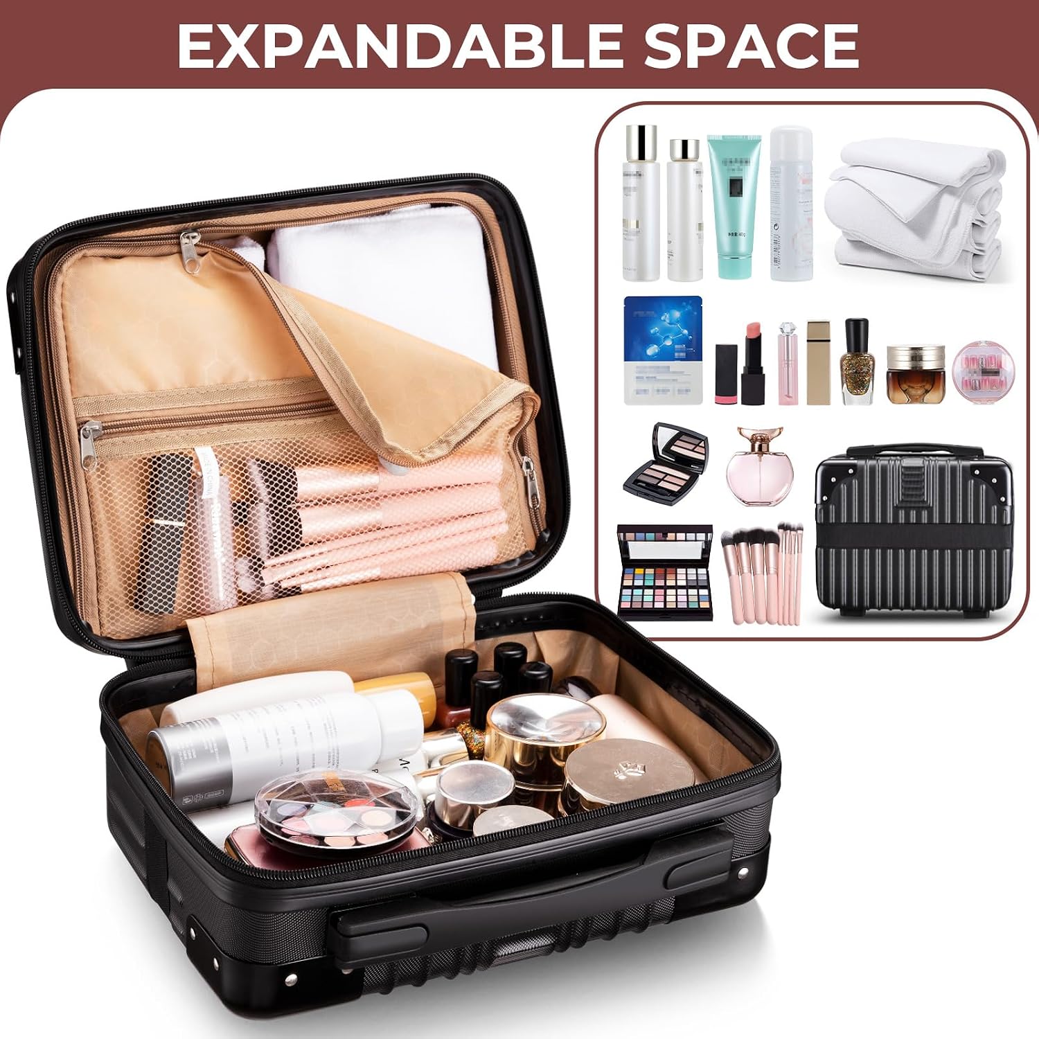 Noverlife 14in Portable Hard Shell Cosmetic Travel Case with Elastic Strap | Pressure-proof ABS Carrying Cosmetics Suitcase, Small Travel Hand Luggage with Elastic Band, Portable Makeup Travel Case - Image 5