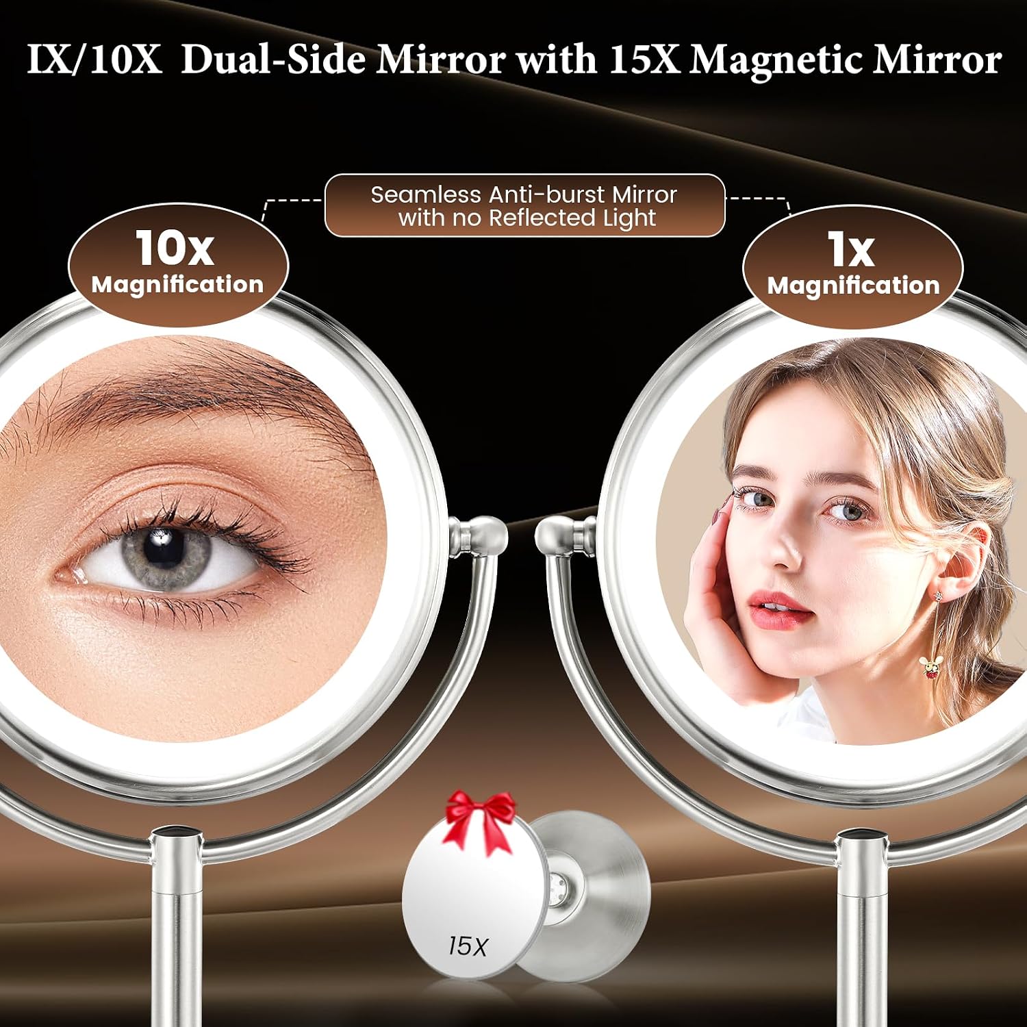 Professional 8.5" Large Lighted Makeup Mirror with Brighter Lights, 1X/10X True HD Magnifying Mirror with 3 Color Dimmable Lights, 90 Shadowless LEDs, 360°Swivel Seamless Vanity Mirror, Pearl Nickel - Image 2