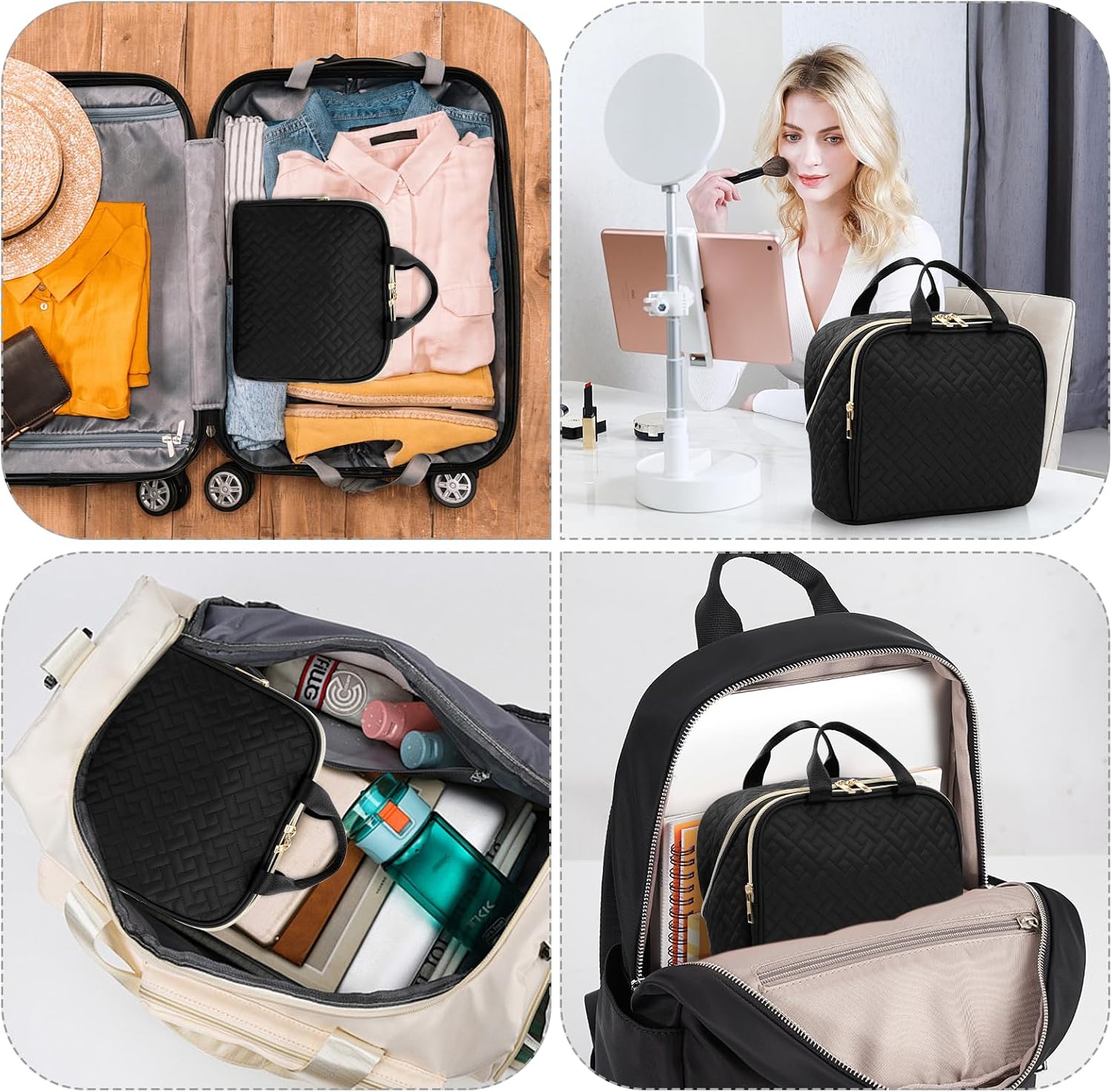 Makeup Bag, Large Capacity with Room for Brushes and Mirror, Travel Makeup Organizer, Portable Standing Make Up Case, Waterproof Cosmetic Toiletry Bags with Handle, Color Black - Image 9