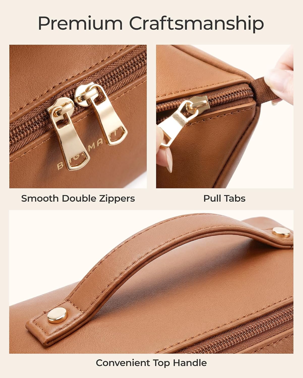 BAGSMART Makeup Bag Travel Cosmetic Bag,Women Toiletry Case, Classic Brown | Make Up Bag Flat Open Toiletry Bag for Women, PU Leather Travel Essentials Wide-open Skincare,Brushes Organizer Case Large - Image 6