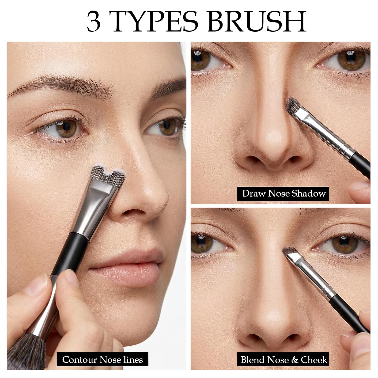 Jeffdad 3pcs Dual-End Contour Nose Brush, 2-in-1 Nose Contour Brush | Blush Brushes U-Shaped Fluffy and Angled Brushes Set for Sculpting and Defining Contour Highlighting Blending - Image 3