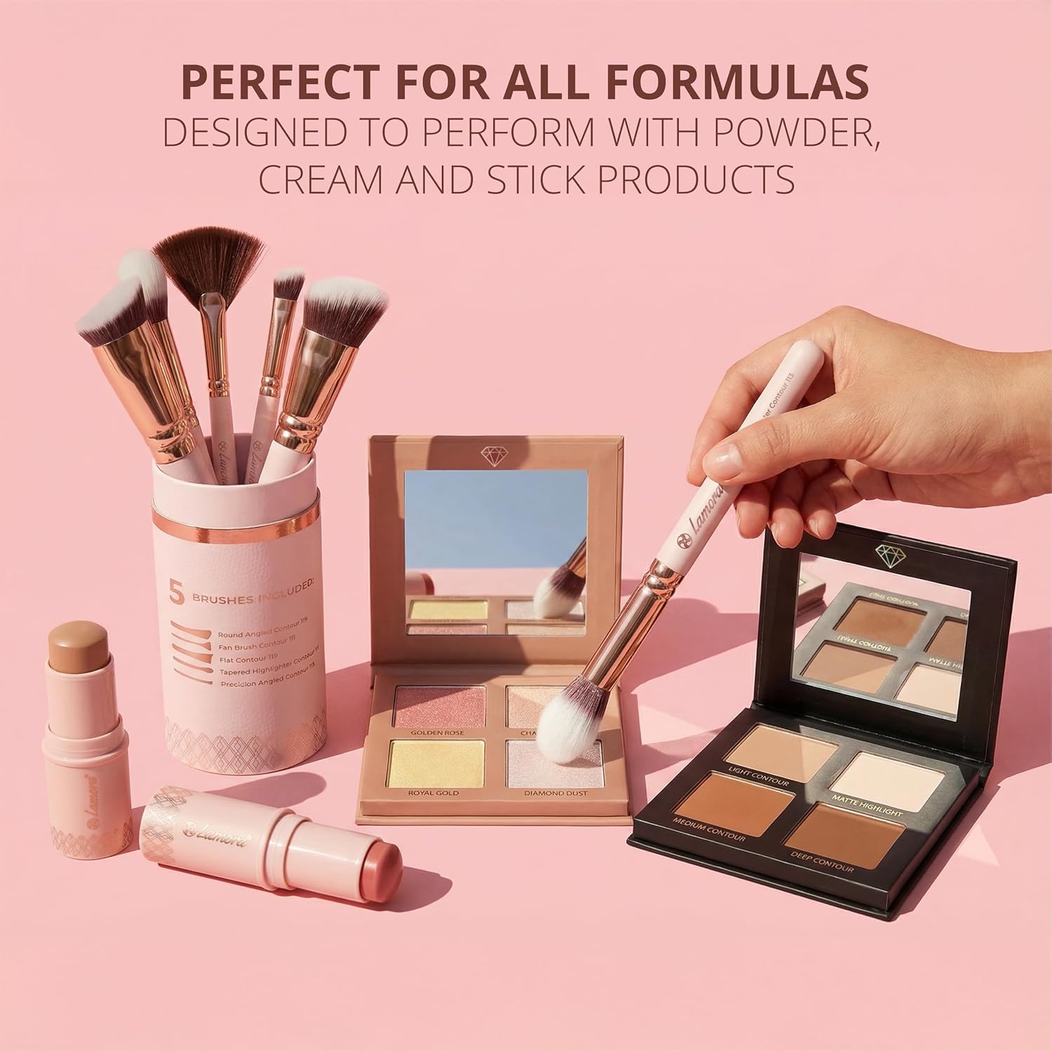 Lamora Pro Face Contour Brush Set - Contouring Sculpting & Highlighting Kit | Cream Blush Highlighter Powder Flat Nose Cheek Round Small Angled Fan Tapered Precision Kabuki Foundation Makeup Brushes - Image 5