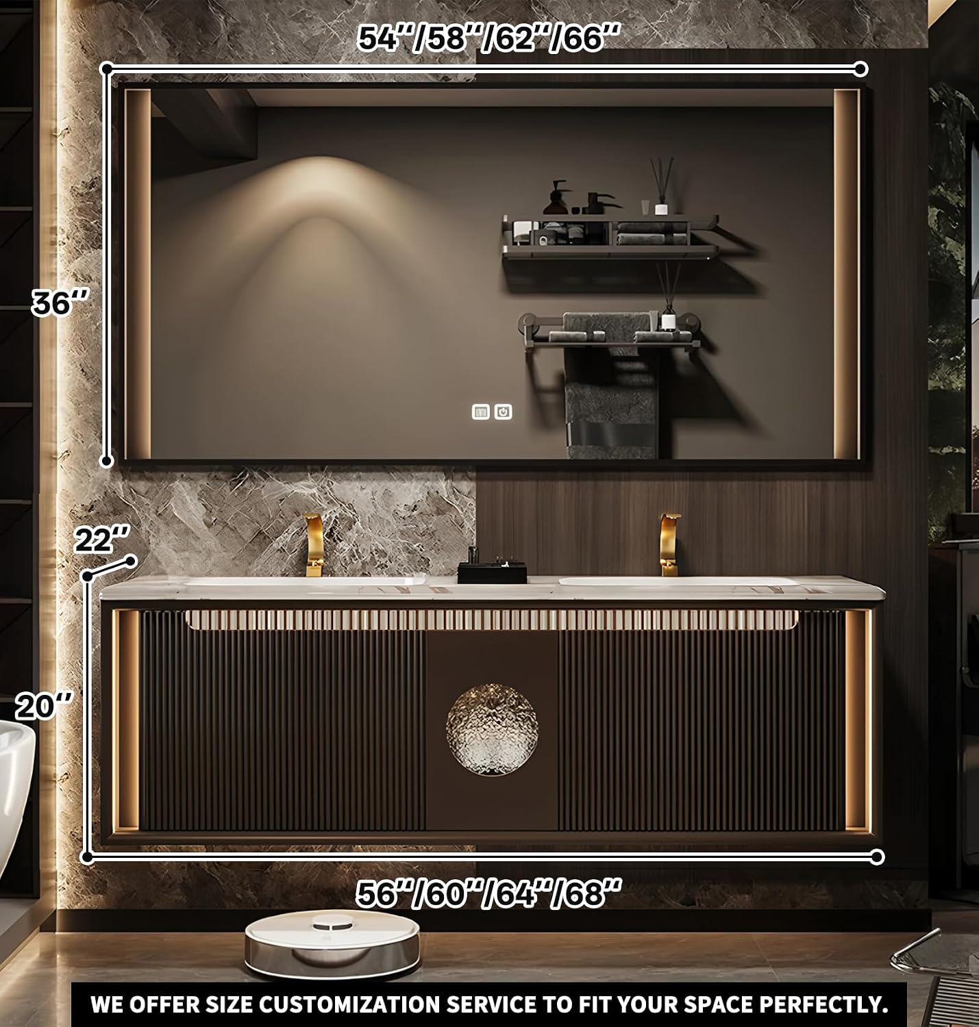 Bathroom Vanity with Dual Sinks, Floating Vanities Set Includes Smart Defog Mirror, Luxurious Stone Countertop and Striped Bath Sink Cabinet, Modern Vanity with Sensor Light for Bathroom (Brown,60") - Image 2