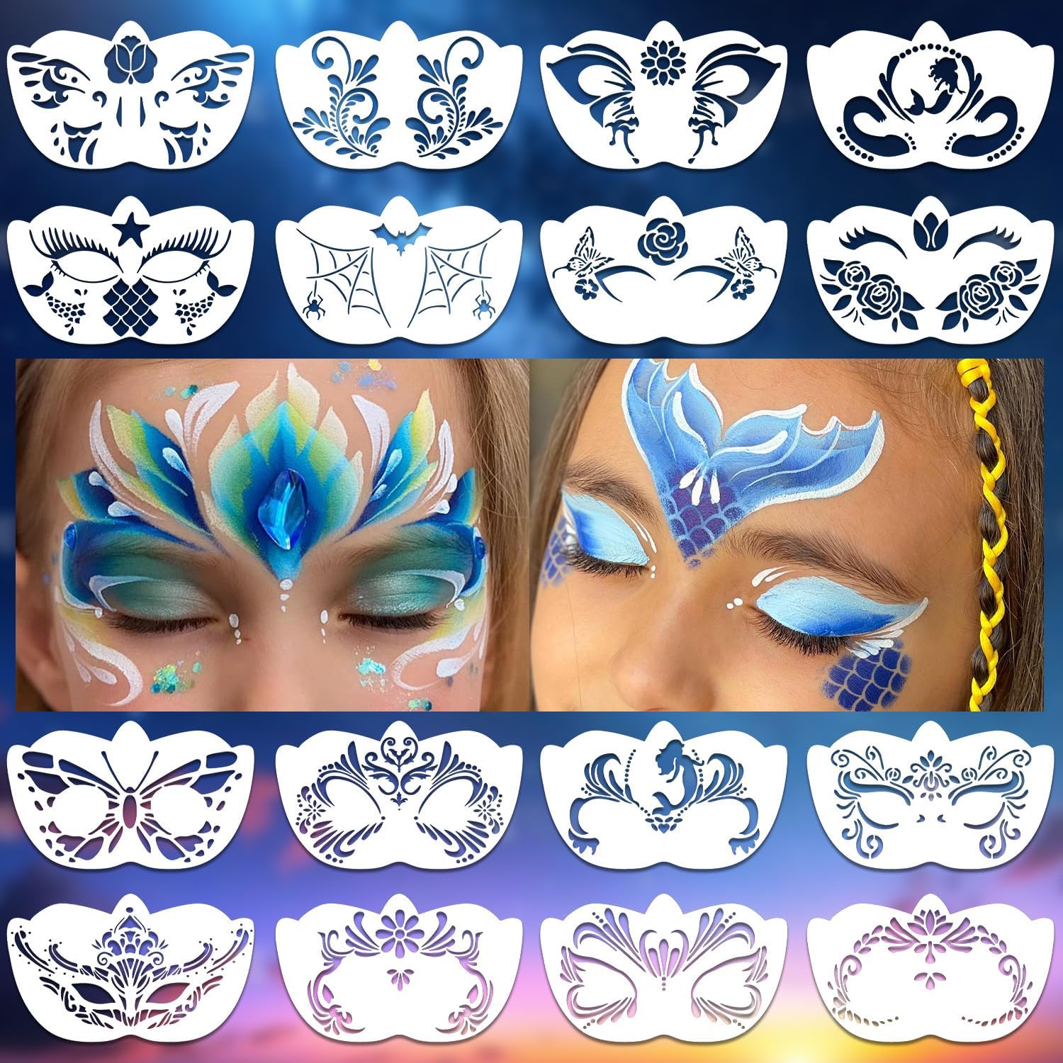 32 Pcs Reusable Face & Body Paint Stencils Kit, Face Tattoo Painting Templates for Kids Face Painting, Party Makeup, Holiday Tattoo Stencils, DIY Art Designs with Hollow-out Patterns (32Pcs-Mix1) - Image 4