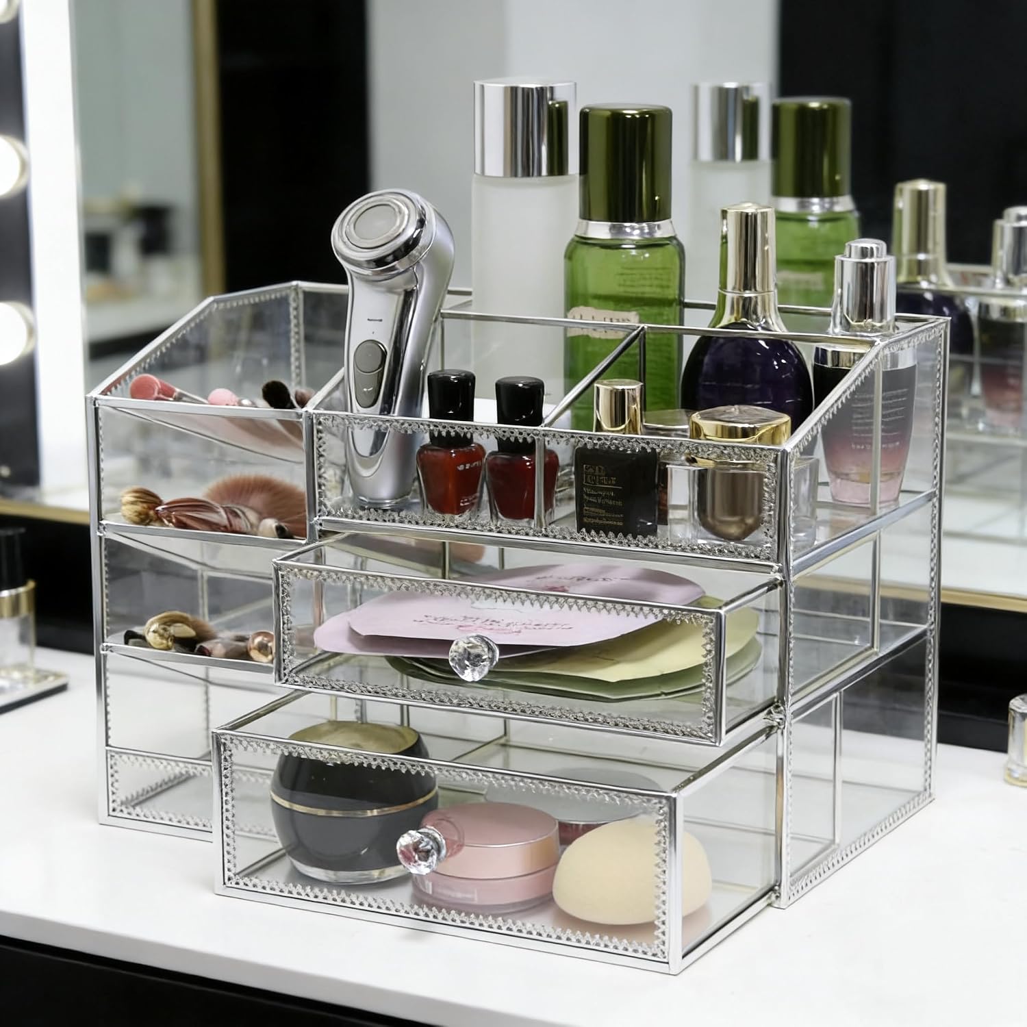 Glass Makeup Organizer with Drawers, Silver Mirror Glass Vanity Cosmetic Storage Case, 3-Tier Luxury Dressing Table Organizer for Skincare, Perfume, Brushes & Lipsticks - Image 5