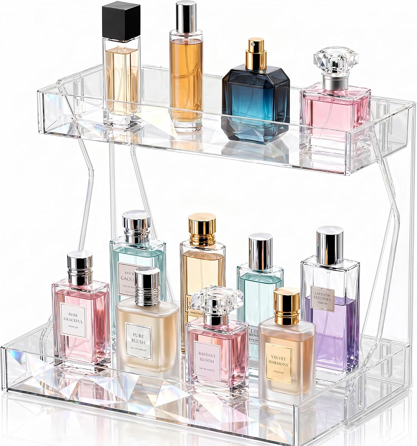 Perfume Organizer for Vanity, Premium Clear Acrylic Makeup Organizer Countertop with Non-Slip Trays, Easy 30-Second Assembly, Holds 12–16 Bottles for Bathroom & Dresser (Crystal Clear)