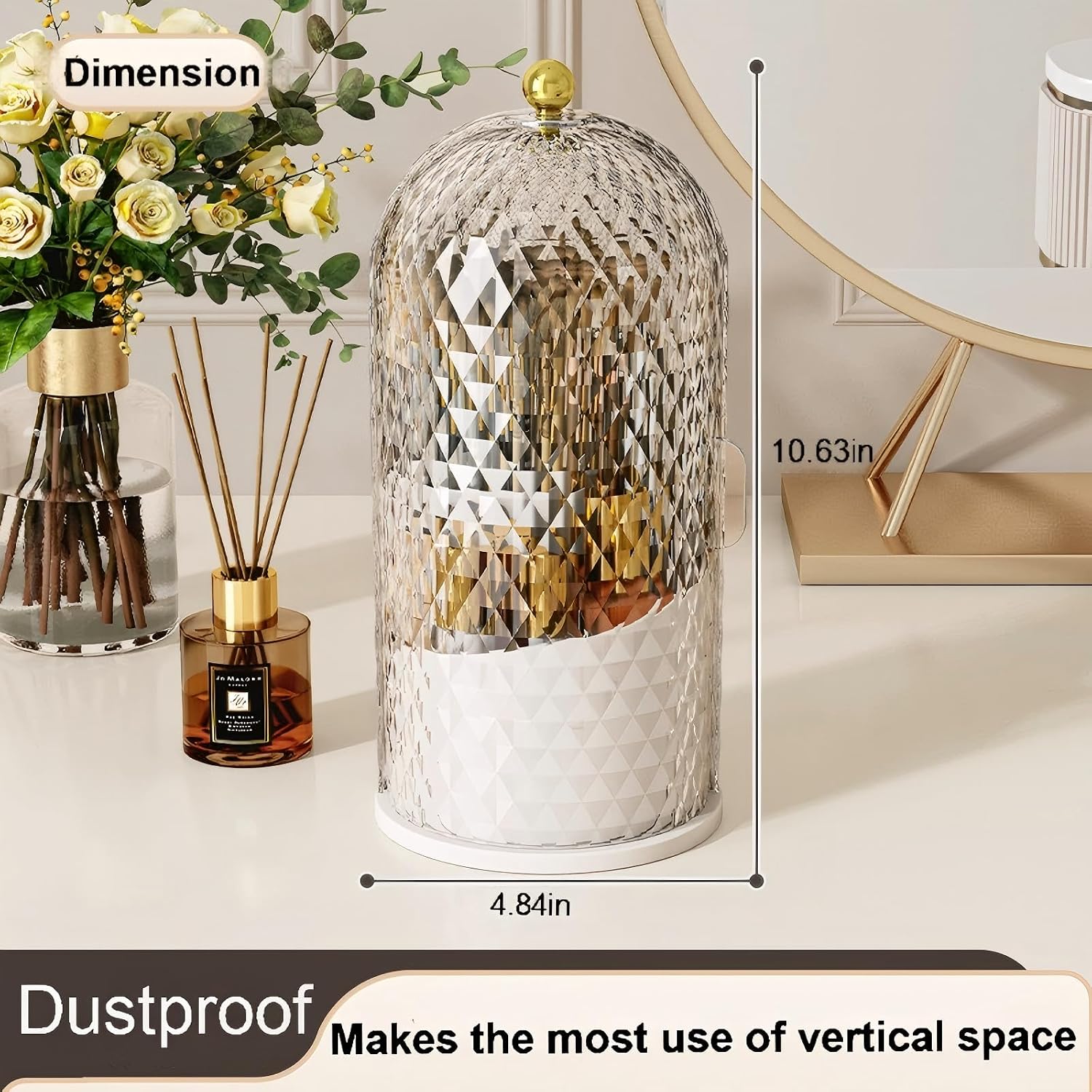 Makeup Brush Holder with Lid,360 Rotating Makeup Organizer | Makeup Brush Organizer with Diamond Pattern,Waterproof,Dustproof,Easy-Clean for Desk,Bathroom Countertop,Vanity,Travel,White - Image 7