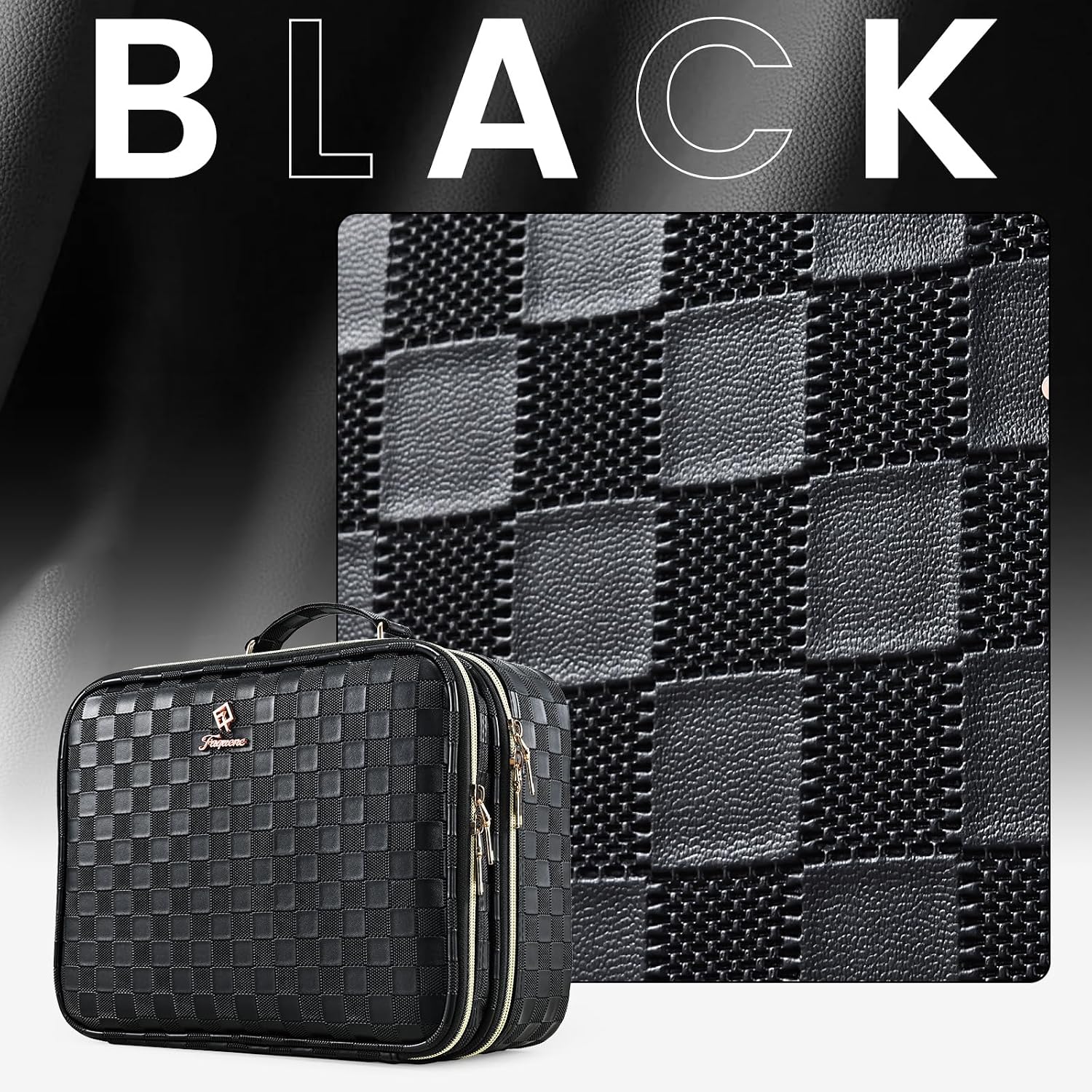 Makeup Bag with LED Lighted Mirror 12.2 IN Cosmetic Train Case Double Layer Makeup Case Adjustable Brightness in 3 Colors Cosmetic Organizer Artist Storage with Brush Holder Vanity Black Checkerboard - Image 9