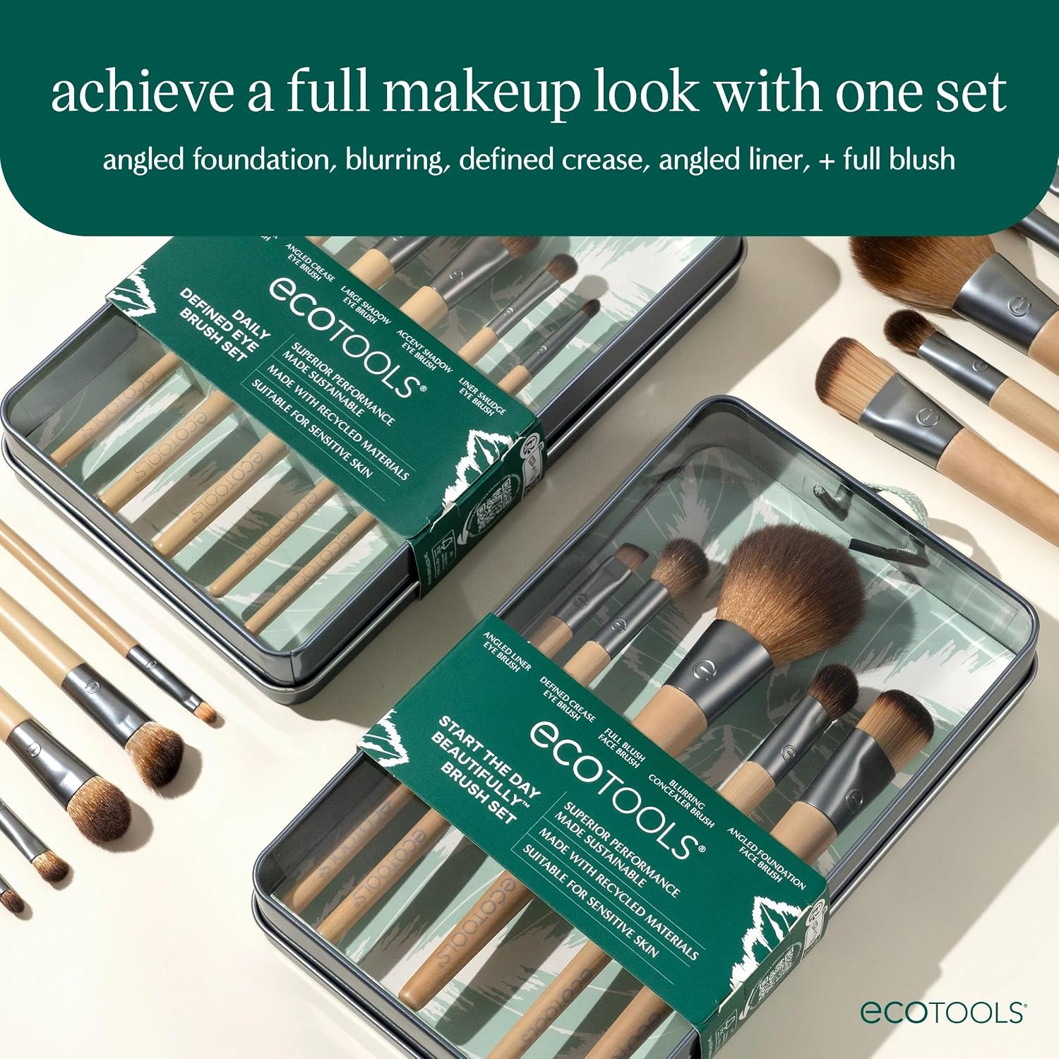 EcoTools 6 Piece Start the Day Beautifully Makeup Brush Set | Natural face and eye look, makeup brush kit for liquid cream or powder, bamboo makeup brushes, storage tin - Image 3