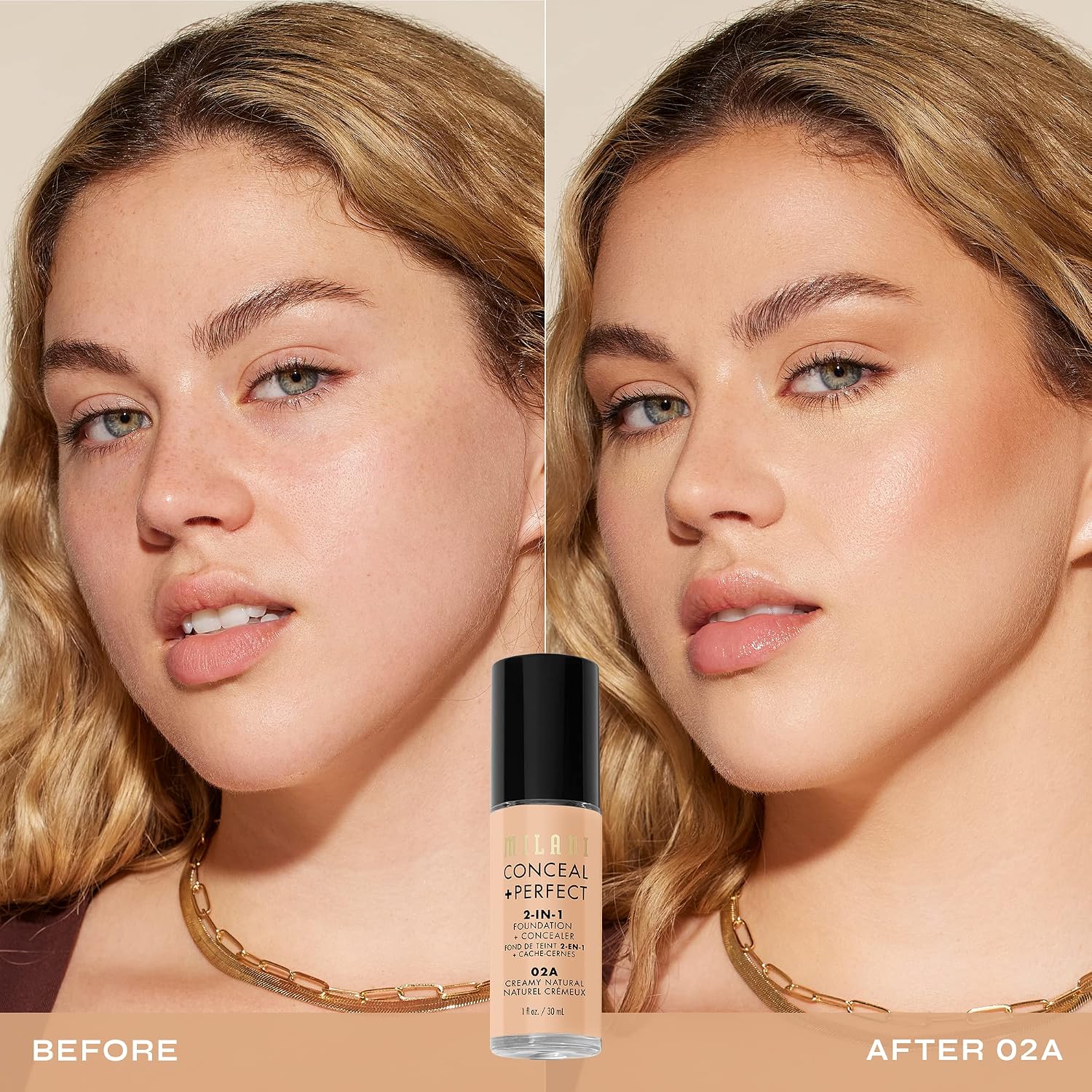 Milani Conceal + Perfect 2-in-1 Foundation + Concealer 02A-Creamy Natural | Medium-To-Full Coverage, Natural-Matte Finish. Under Eye Corrector, Cover Redness & Imperfections. Waterproof & Sweat-Proof. - Image 3