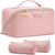 Travel Makeup Bag for Women: 3 Pcs Set Vagen Leather Make up Bag Hand-made | Large Capacity Toiletry Organizer Bag – Waterproof Ladies Travel Flat Open Essentials for Luxury (01Pink)